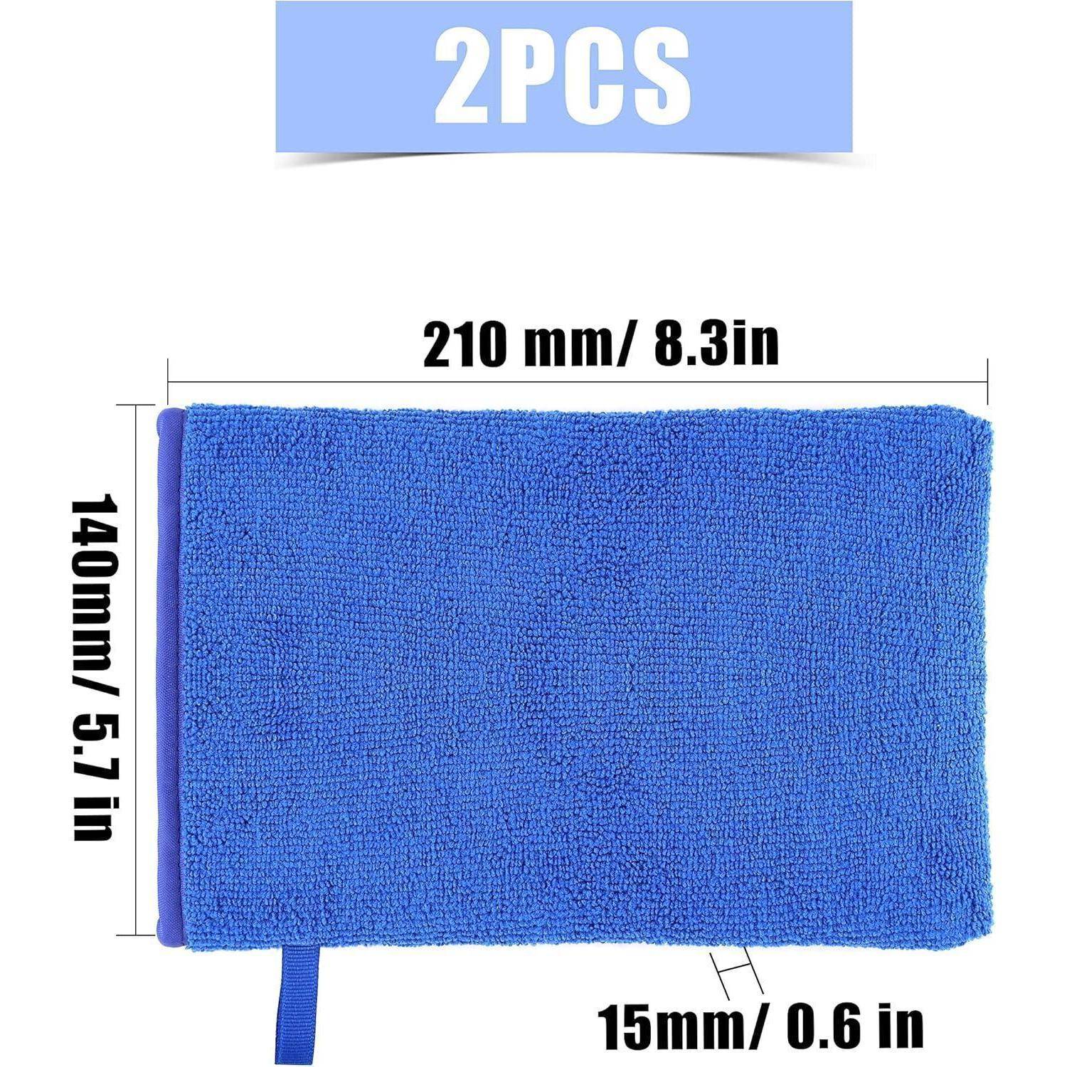 Produktbild eines blauen Mikrofaser-Reinigungstuchs mit der Bezeichnung 2er-Set, Maße 210 mm x 140 mm mit einem 15 mm breiten Riemen.