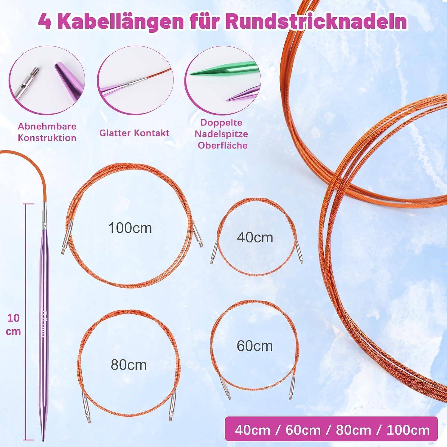Infografik mit vier kreisförmigen Stricknadeln in verschiedenen Kabellängen: 40cm, 60cm, 80cm und 100cm, mit Nahaufnahmen der Kabelmerkmale und einer 10cm-Nadel.