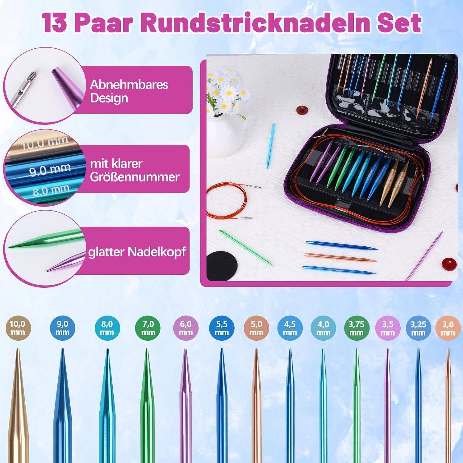 Infografik, die ein 13er-Set aus Rundstricknadeln mit abnehmbarem Design, klaren Größenetiketten und glatten Nadelspitzen bewirbt; enthält ein Etui und mehrere Nadelgrößen.