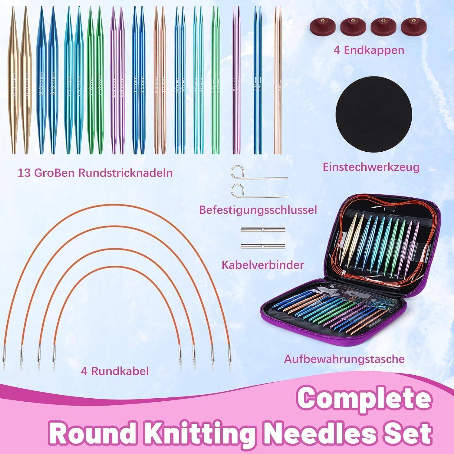Produktcollage eines kompletten Rundstickel-Sets: 13 Rundstickeln, 4 Kabel, 4 Endkappen, Spannwerkzeuge, Kabelverbinder und ein Aufbewahrungskoffer.