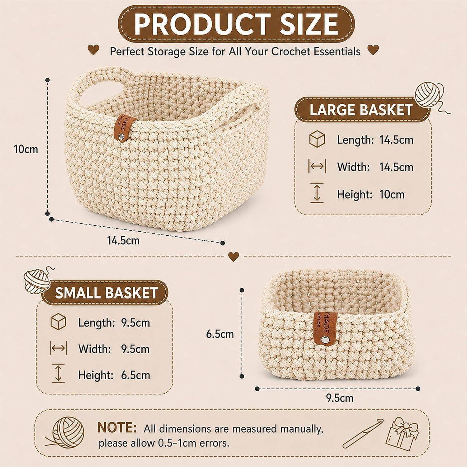 Größentabelle für einen gehäkelten Aufbewahrungskorb: großer Korb 14,5 cm lang und breit, 10 cm hoch; kleiner Korb 9,5 cm lang und breit, 6,5 cm hoch.