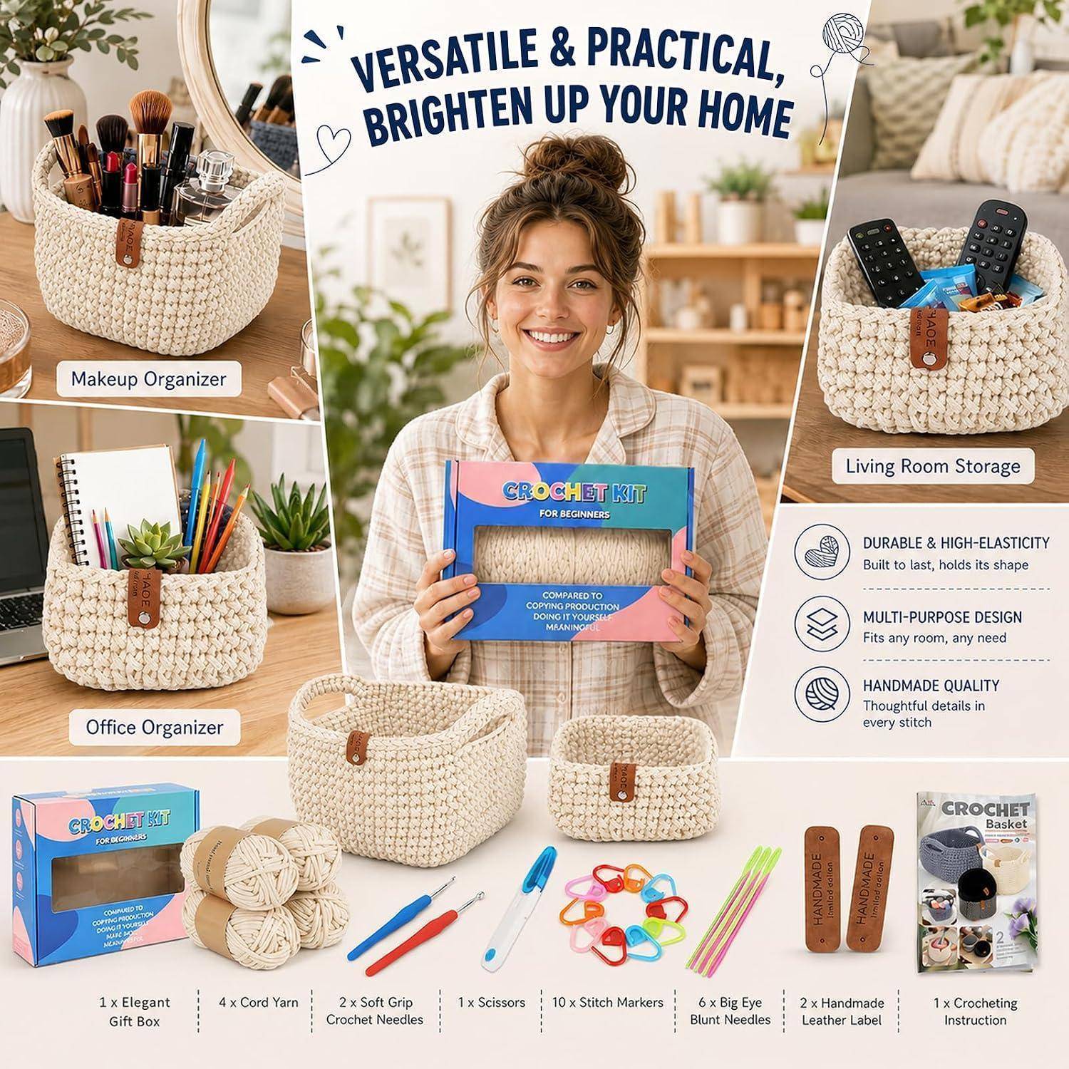Werbematerial, das eine Frau zeigt, die ein Häkel-Set hält und geflochtene Aufbewahrungskörbe als Make-up-, Büro- und Wohnzimmer-Organizer nutzt, mit Produktmerkmalen und enthaltenem Zubehör.