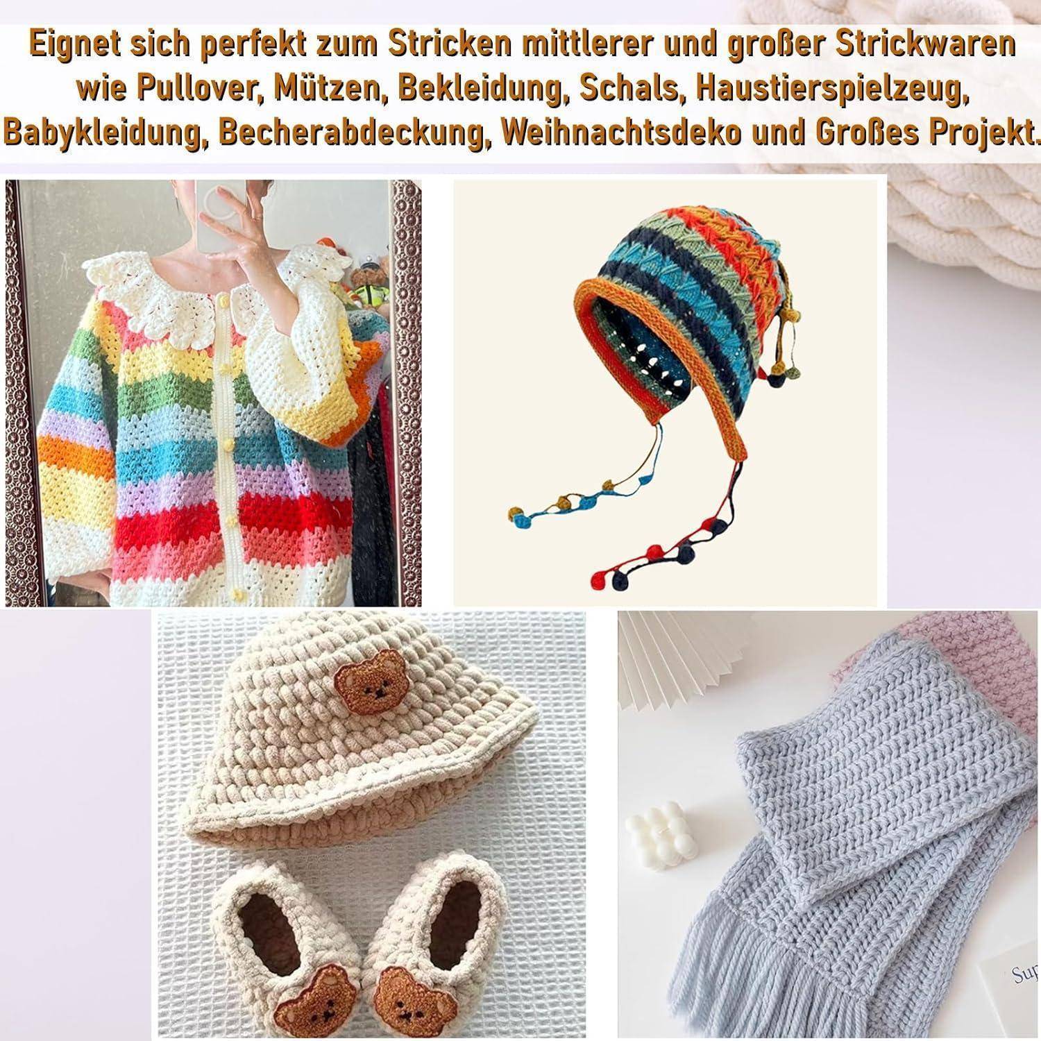 Collage von gehäkelten Artikeln: eine Regenbogen-Strickjacke, bunte Streifenmütze mit Bändern, Bärenmütze und Stiefeletten sowie ein grauer Schal; deutscher Text besagt, dass sie sich für mittlere und große Häkelprojekte eignen.