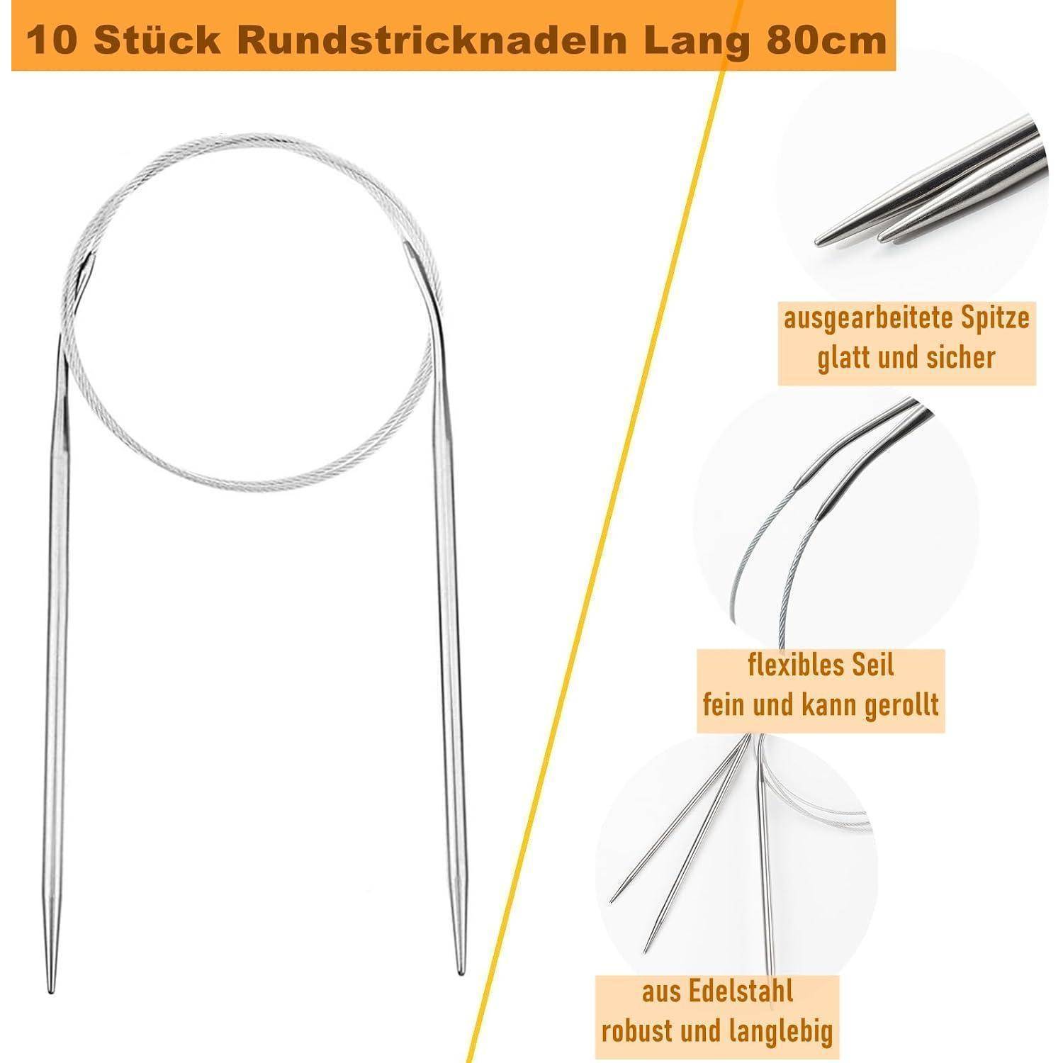 Produktgrafik zeigt 10 lange 80 cm Rundstricknadeln mit Edelstahlspitzen und flexiblem Kabel; deutsche Etiketten heben glatte Spitzen und langlebiges Material hervor.