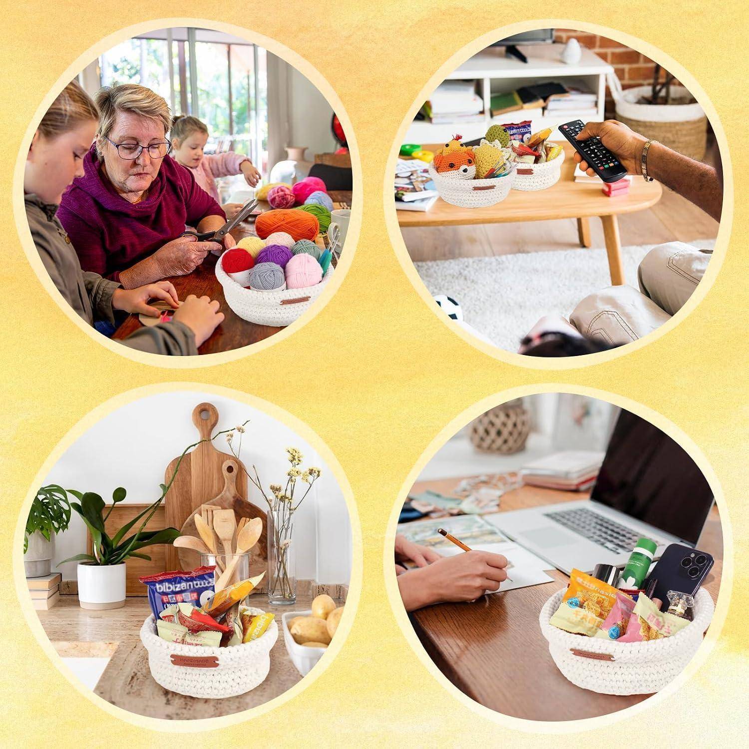 Vier Rundfotos zeigen einen geflochtenen Korb mit verschiedenen Leckereien, der in unterschiedlichen Umgebungen verwendet wird: Menschen sortieren Garn, eine Fernbedienung neben einem Fernseher, eine dekorative Haushaltsanzeige und ein Schreibtisch mit Laptop und Telefon.