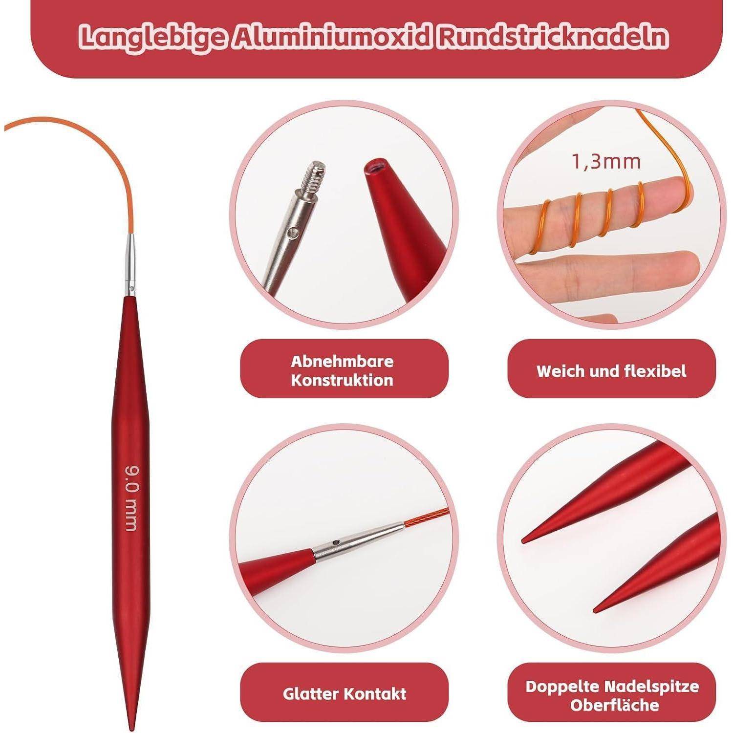 Deutsches Produktgrafik einer roten, runden Aluminium-Stricknadel mit Beschriftungen für zerlegbare Konstruktion, 1,3 mm Flexibilität, glatte Oberfläche und doppelte Nadelspitzen.