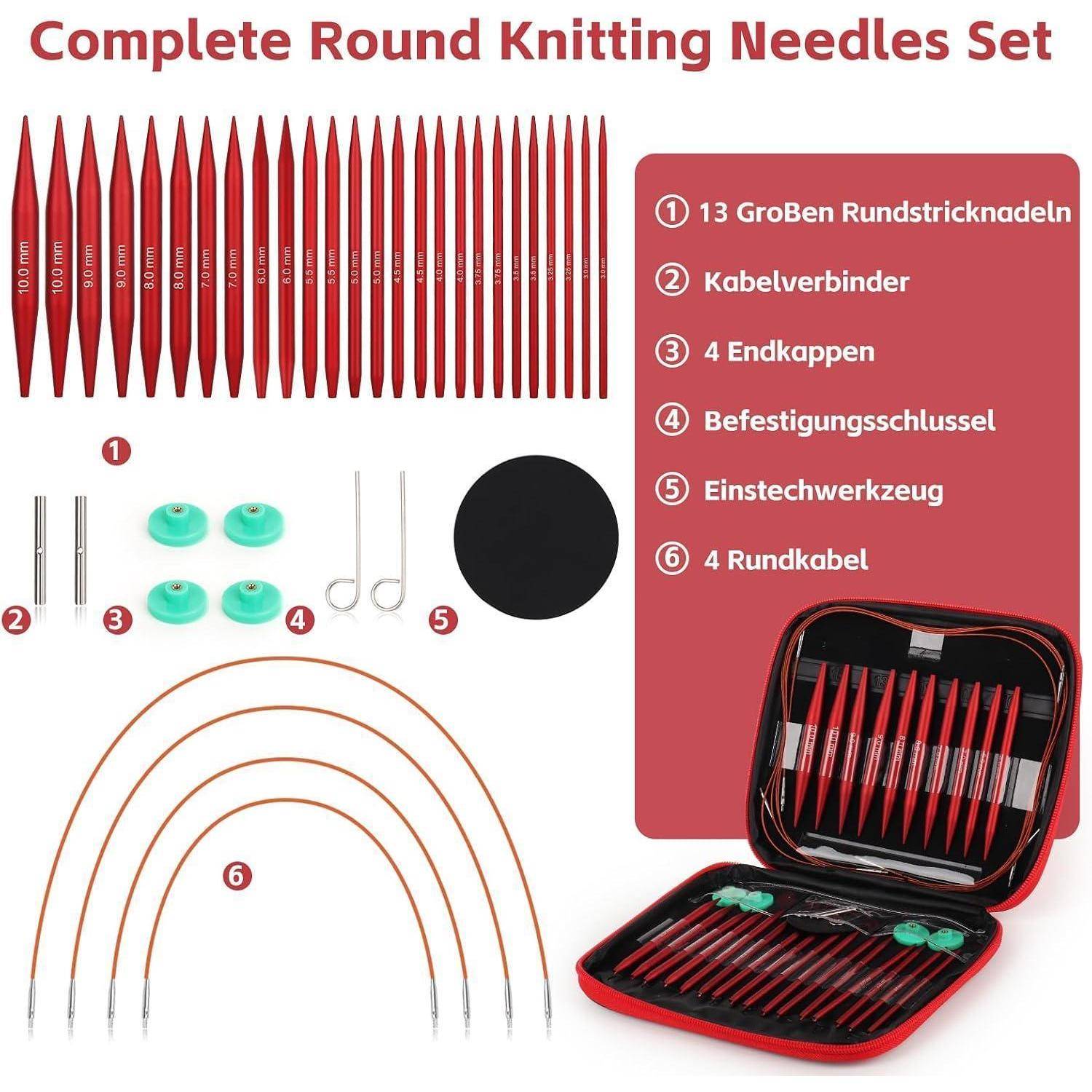 Komplettes Set für Rundstricknadeln mit 13 roten austauschbaren Nadeln, Verbindungsstücken, Endkappen, Verbindungswerkzeug, Spannschlüssel und einer Tragetasche mit Reißverschluss.
