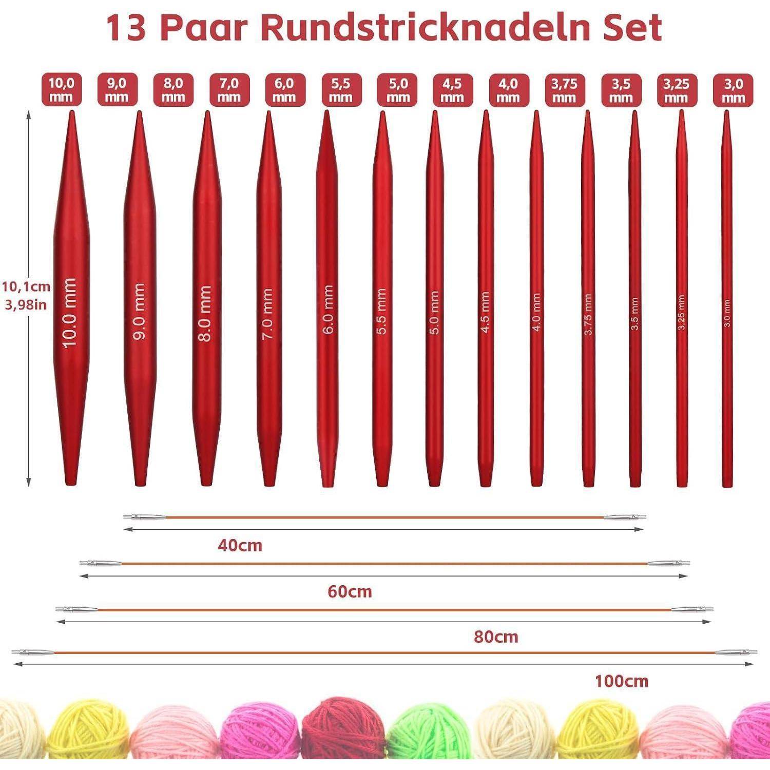 Illustration eines 13-teiligen Rundstricknadel-Sets in den Größen 3,0 bis 10,0 mm mit Nadellängen von 40 cm bis 100 cm.