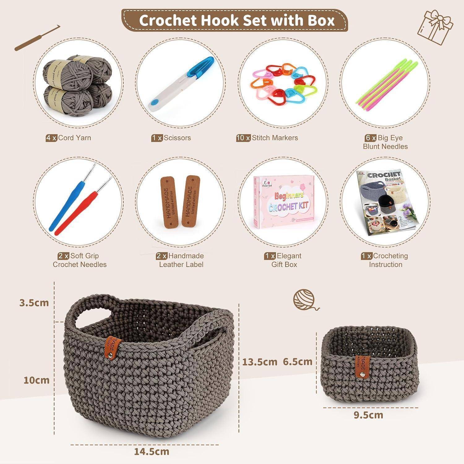 Häkelnadel-Set mit Box mit enthaltenem Garn, Schere, Maschenmarkierern, Nadeln, Etiketten, Geschenkbox und Anleitung, plus Abmessungen der fertigen Korbgröße.