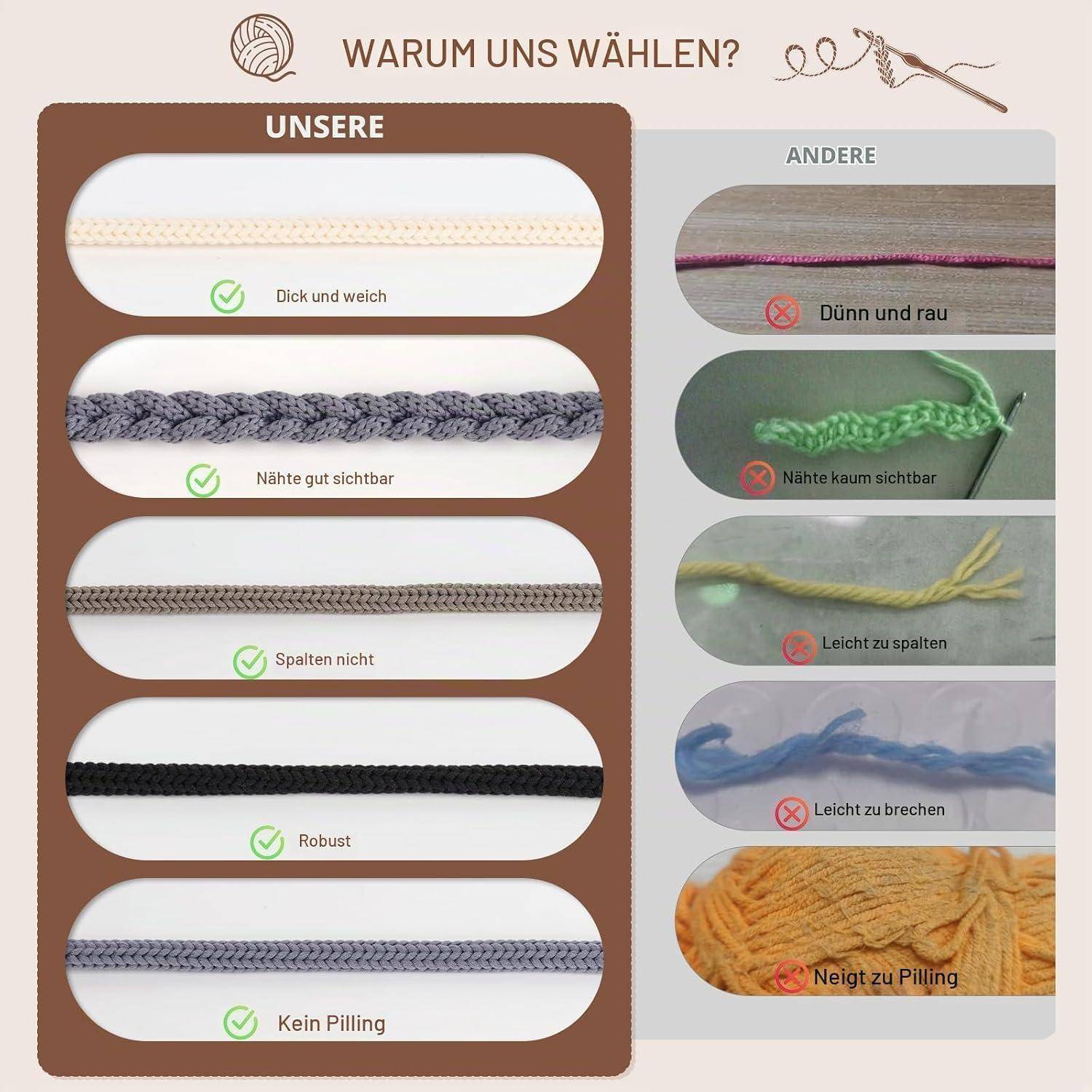 Häkelkorb Set für Anfänger mit Garn und Nadeln, Dunkelbraun
