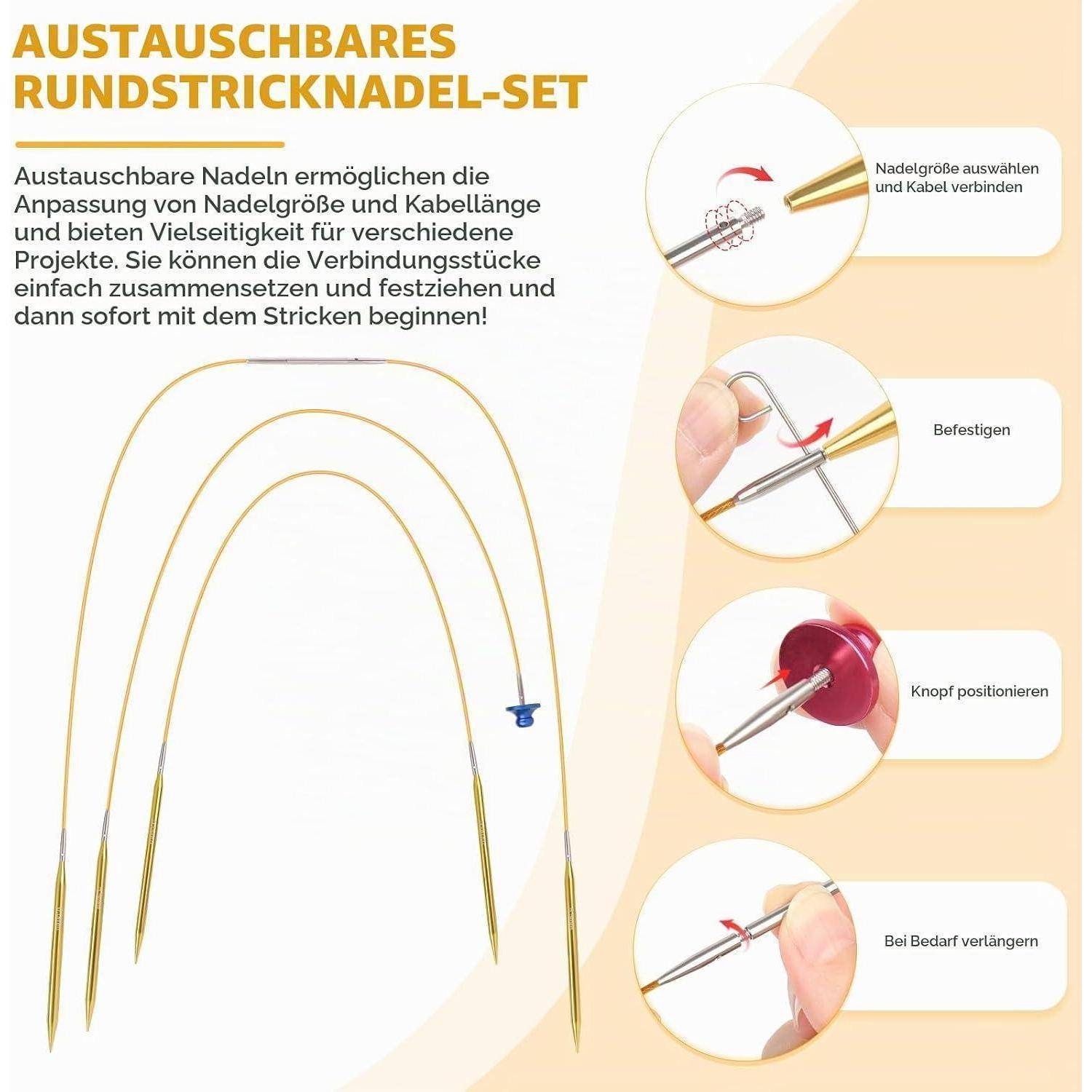 Abbildung von austauschbaren Rundstricknadeln mit Schritten: Nadelgröße auswählen, Kabel verbinden, befestigen und mit einer Endkappe verlängern.