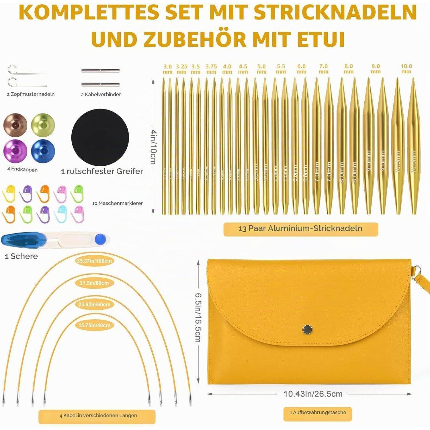 Infografik eines Stricknadel-Sets: 13 Paar goldene Aluminium-Stricknadeln, Kabel, Griffe, Maschenmarkierer, Verschlusskappen, Schere und ein gelbes Aufbewahrungsetui mit angezeigten Größen.