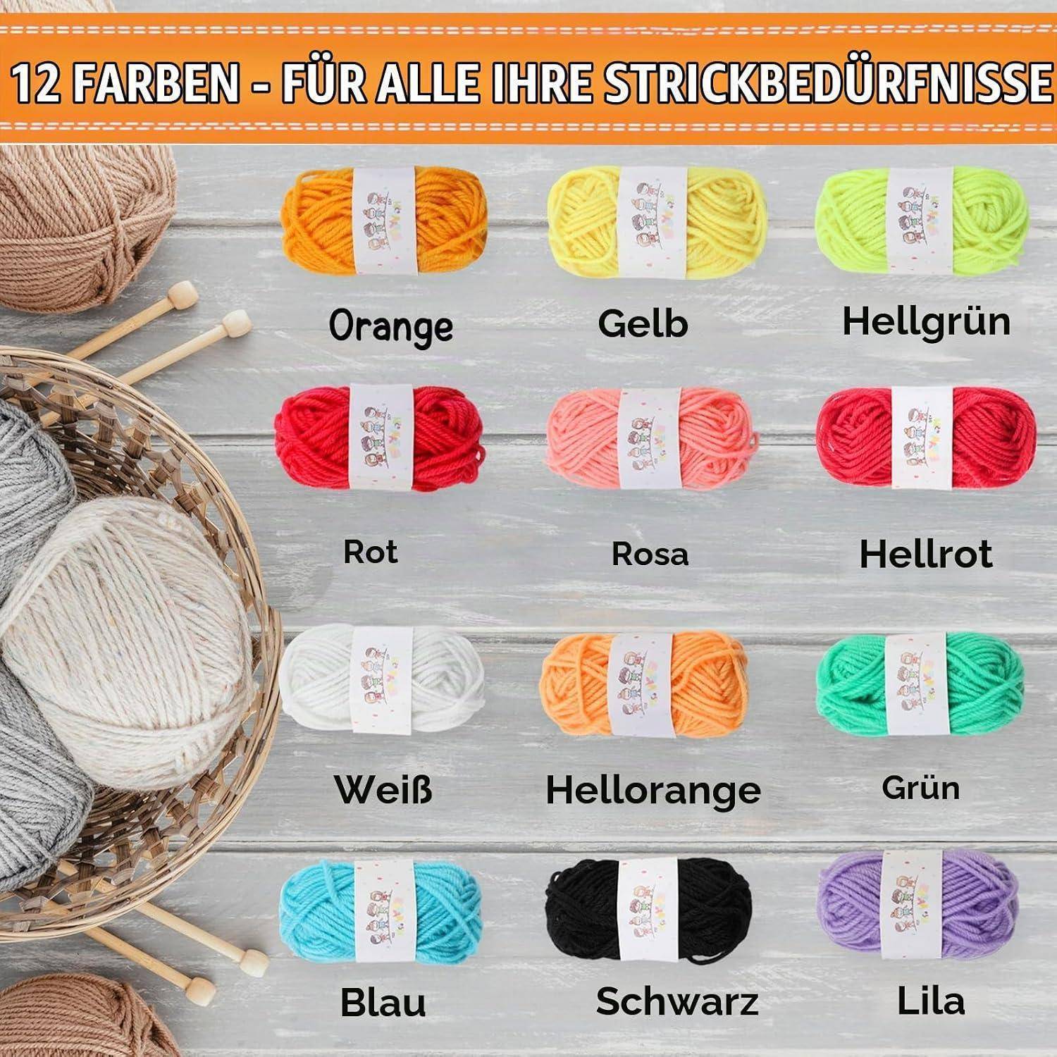 Farbmuster von 12 Strickgarnefarben mit deutschen Bezeichnungen, einschließlich Orange, Gelb, Hellgrün, Rot, Rosa, Hellrot, Weiß, Hellorange, Grün, Blau, Schwarz und Lila.