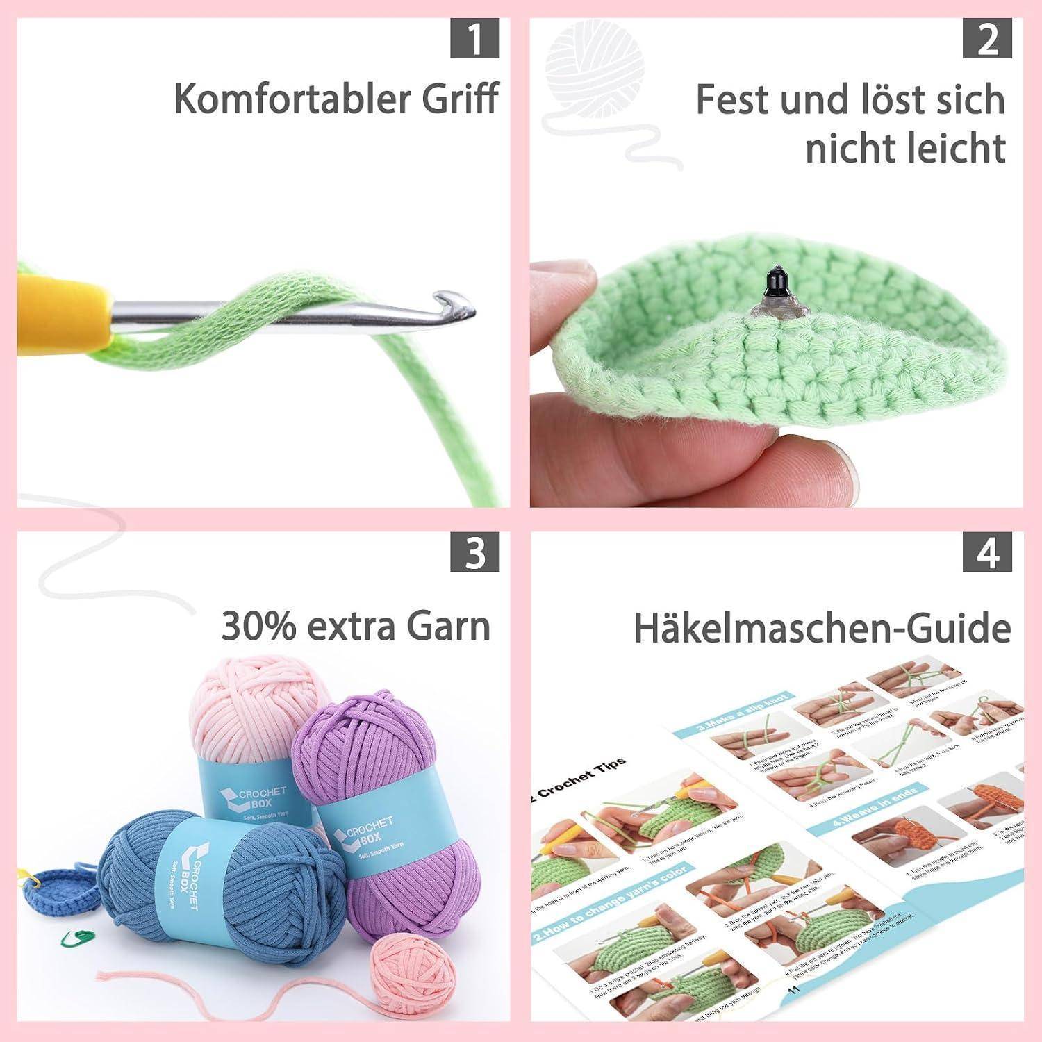 Grafik mit vier Paneelen für Häkelprodukt, das einen bequemen Griff, sichere rutschfeste Masche, 30% zusätzliches Garn und eine Häkelmaschenseite zeigt.