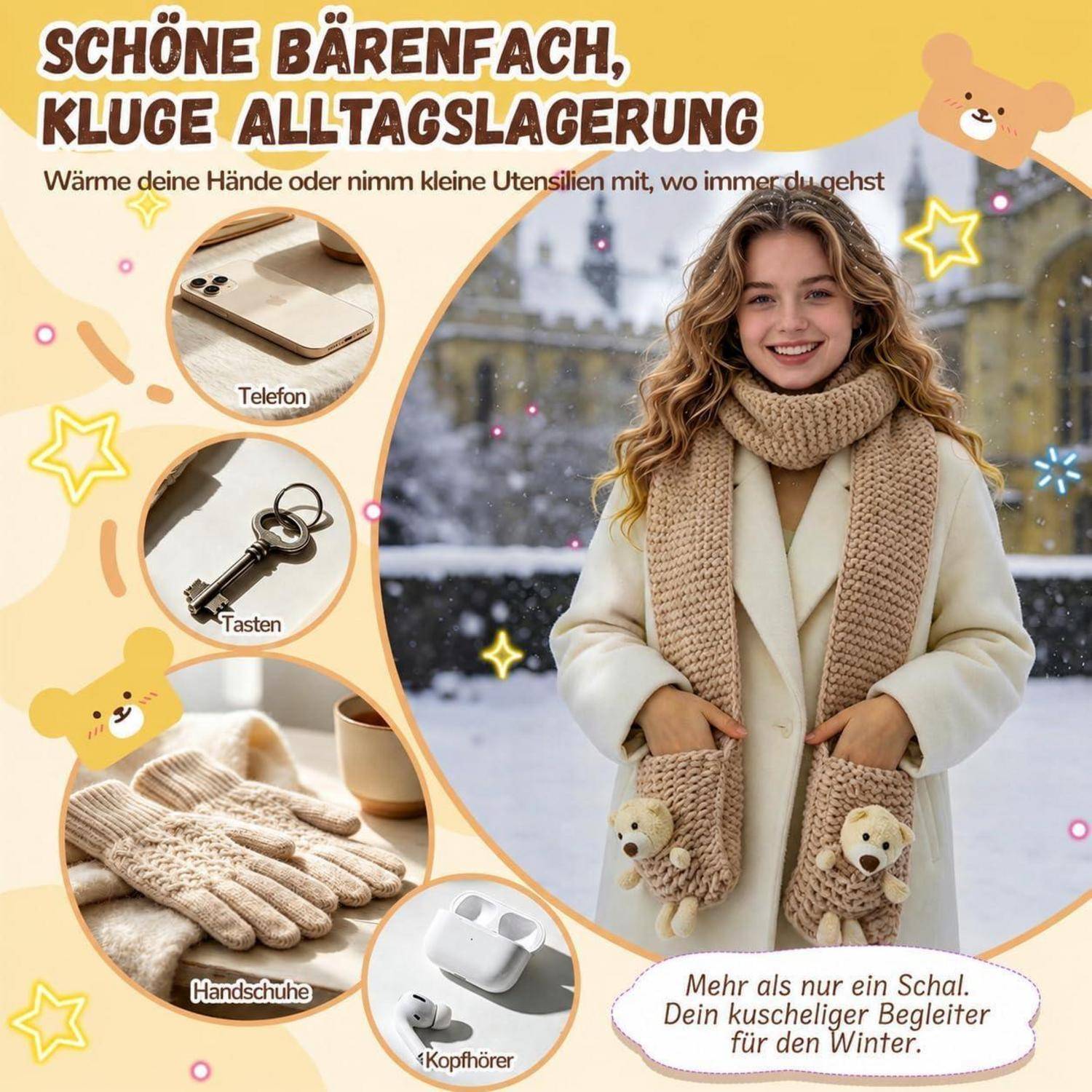 Wintermode-Anzeige mit einer lächelnden Frau in einem Mantel, Schal und Teddyfleece-Handschuhen mit Bärenmanchetten; Seitenkreise zeigen Telefon, Schlüssel, Handschuhe und Ohrhörer.