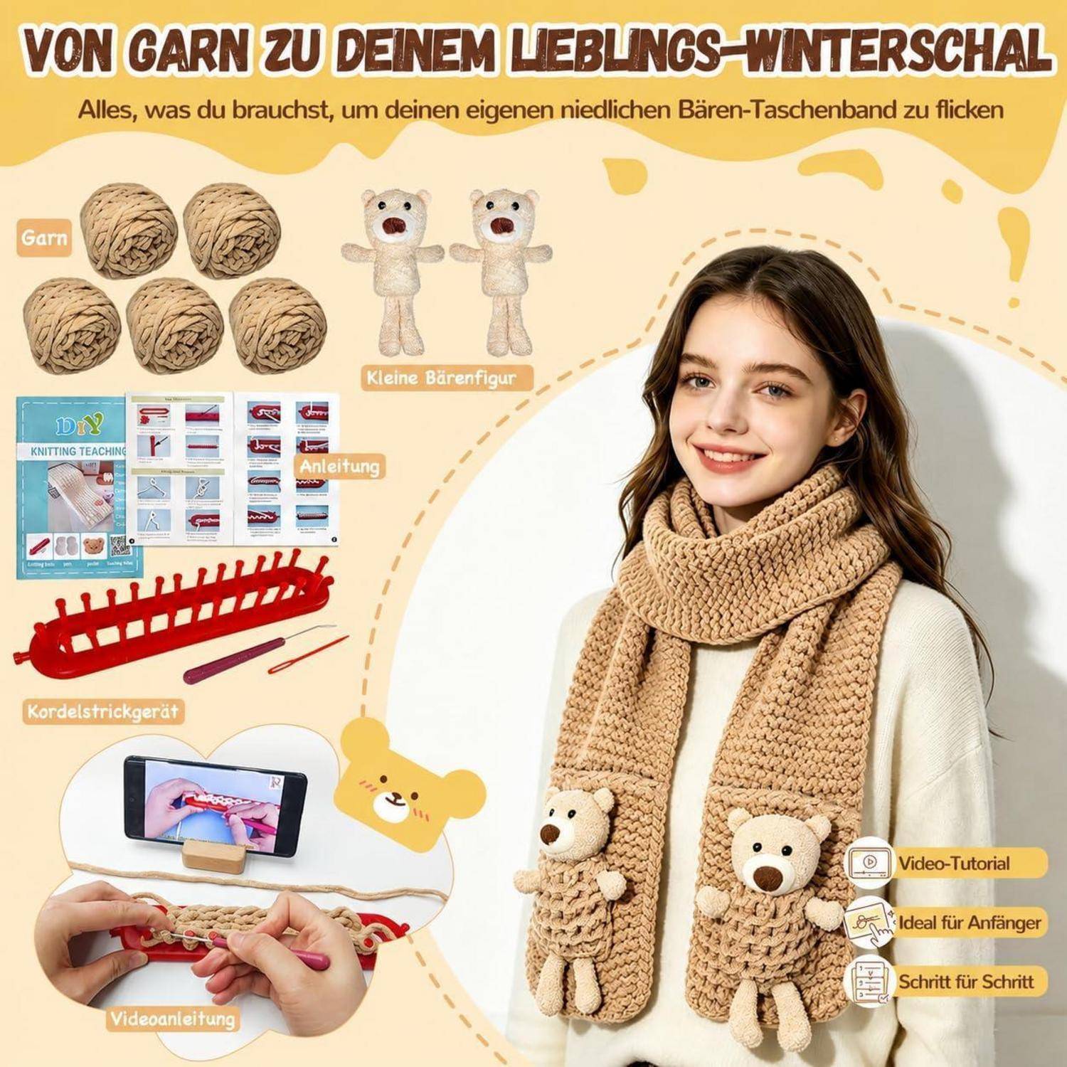 # Werbegrafik für ein Häkelset: Eine Frau, die einen beigen Teddybär-Schal trägt, mit Garn, Musteranweisungen, Werkzeugen und Beschriftungen wie „Video-Tutorial