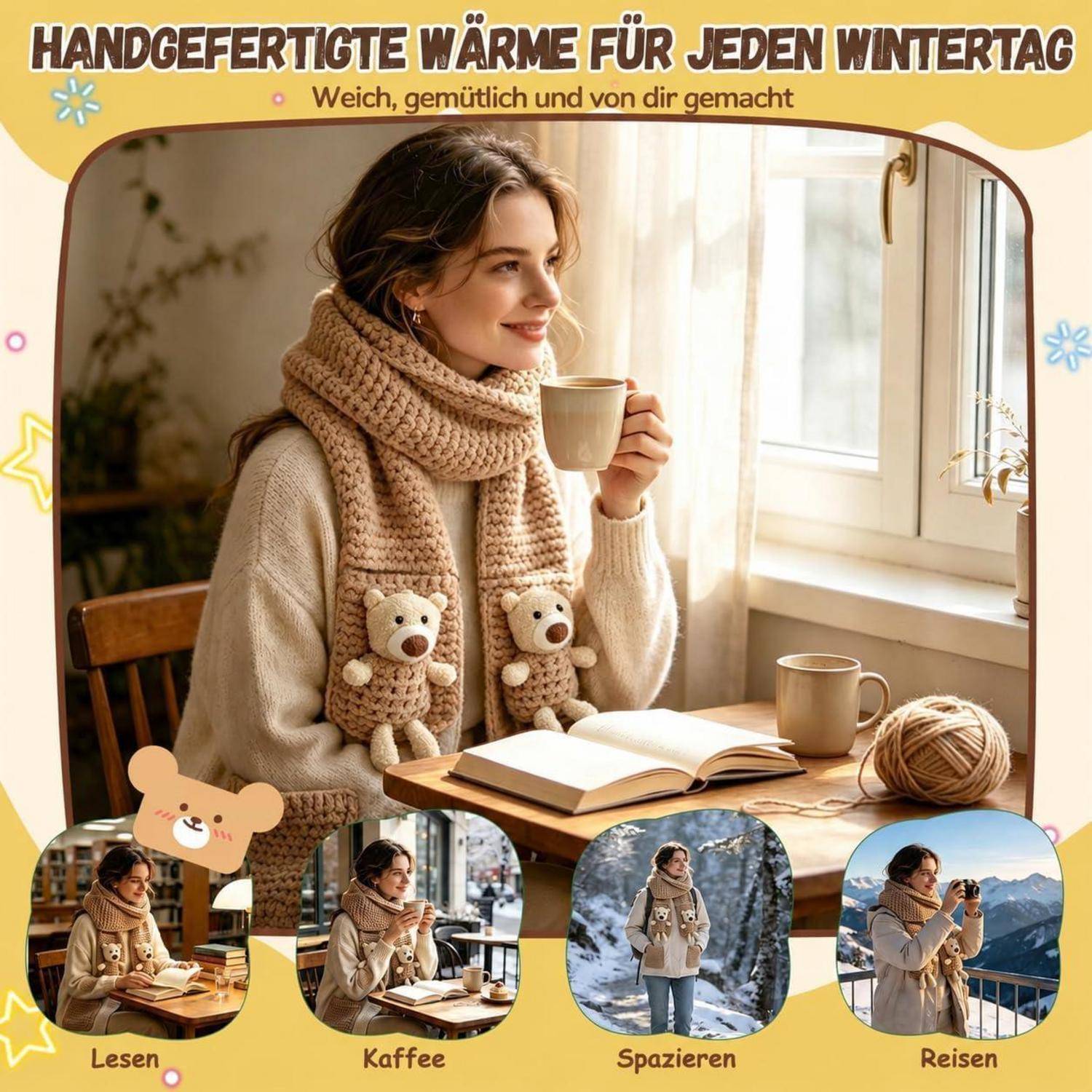 Alutaba Häkelset Bären-Schal Braun mit 2 Bärenfiguren & Anleitung