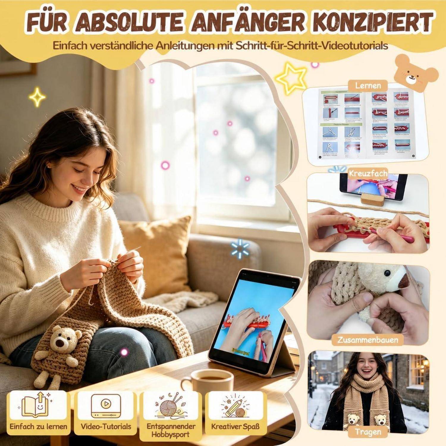 Anleitung für Anfänger: Eine Frau strickt ein Teddybär-Täschchen, während ein Tablet ein Tutorial zeigt; Einschübe zeigen Lernschritte, Kreuzstichmuster, Zusammenbau und das Tragen des fertigen Objekts.