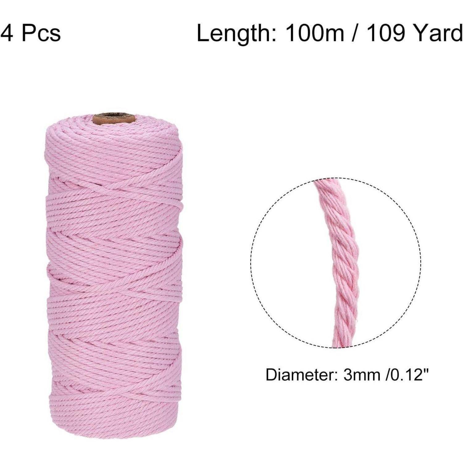 Rosa geflochtene Schnurenspule mit Nahaufnahme der Textur als Einsatz; beschriftet mit 4 Stück, 100m/109 Yards, 3mm/0,12