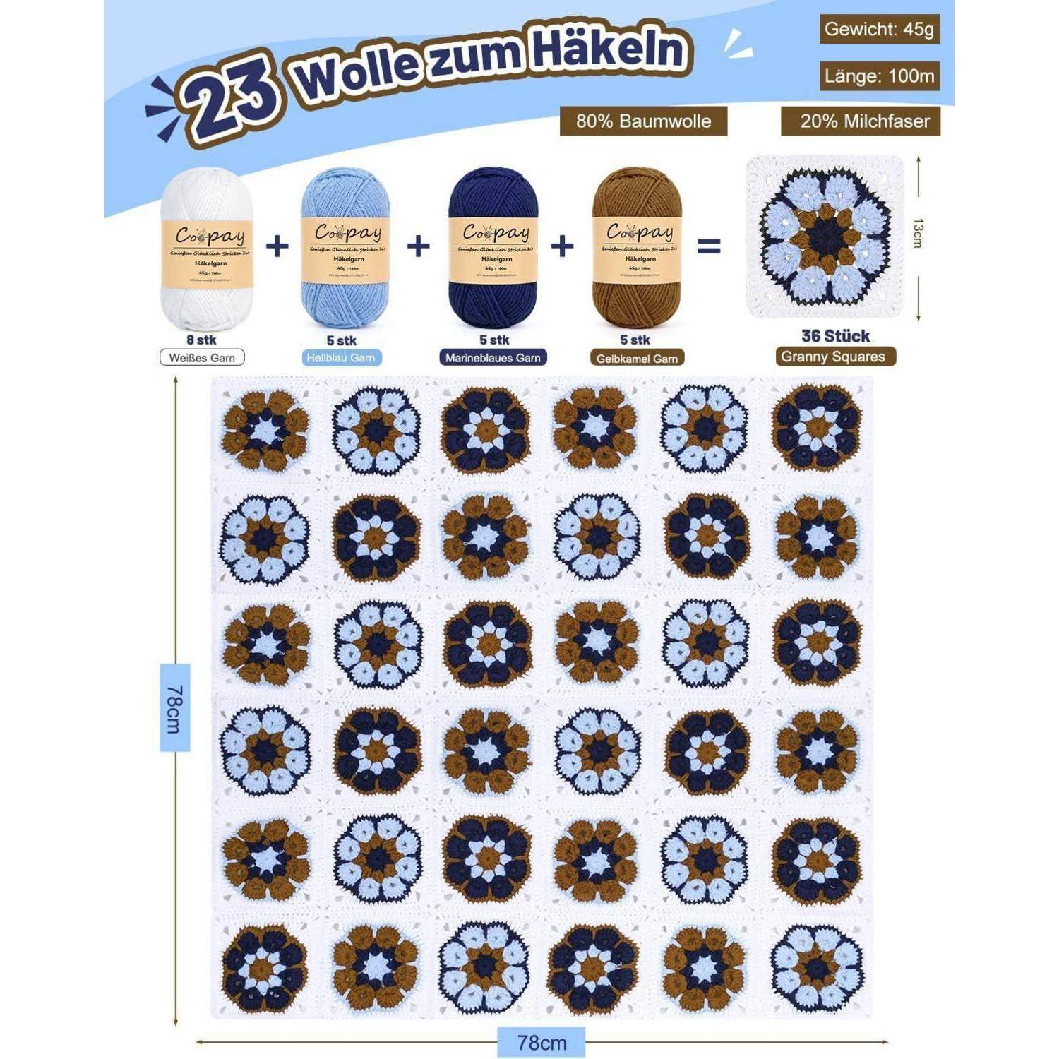Produktbild mit 23 Häkelgarn-Knäueln zum Anfertigen von 36 Granny Squares, mit Garntypen, Gewicht 45g, Länge 100m und fertigem Quadrat-Mustergröße 78 cm x 78 cm.