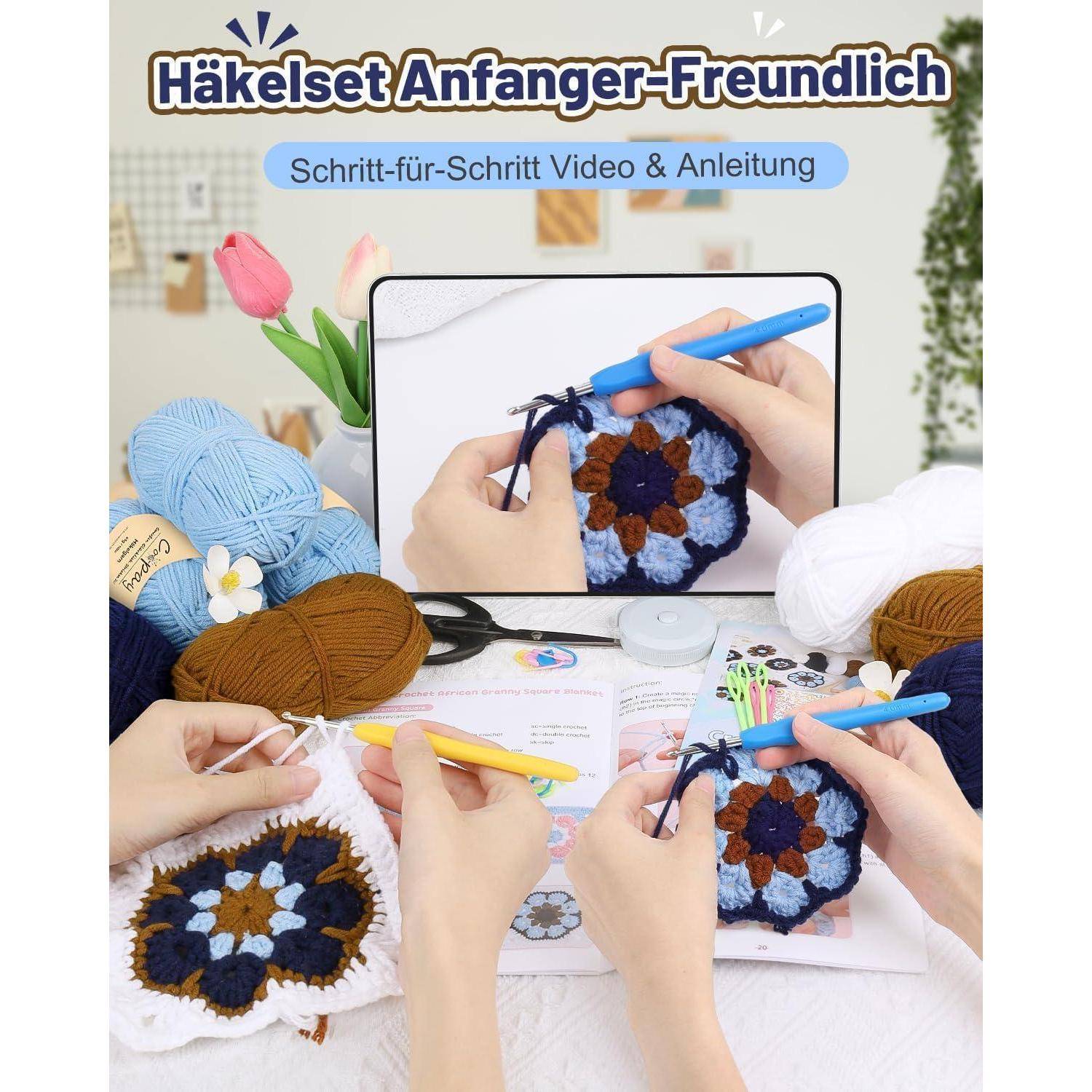 Coopay Häkelset Granny Square Decke Braun Blau mit Garn und Anleitung