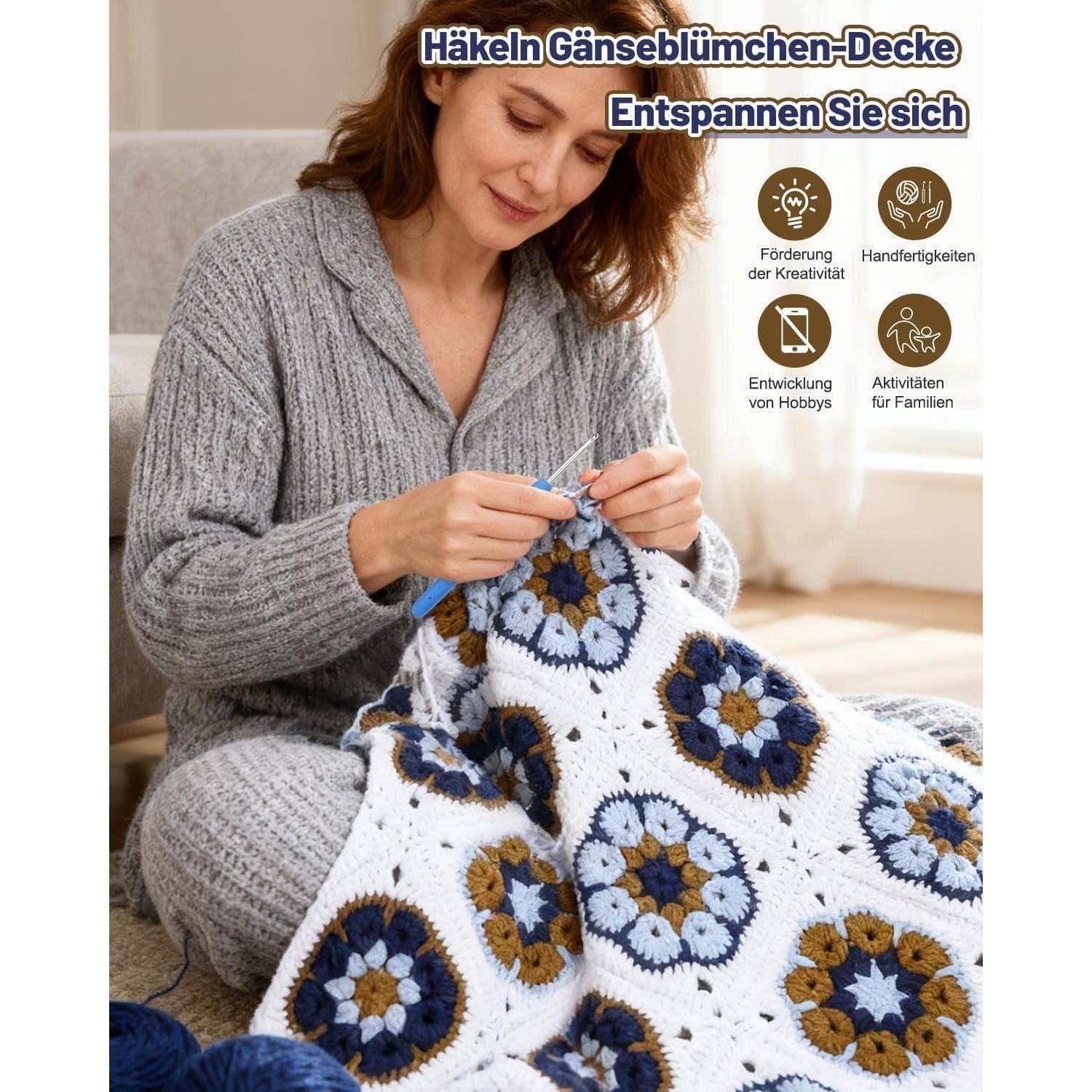 Frau häkelt eine blau, weiß und gold blumige Decke; deutscher Text lautet „Häkelblümchen-Decke Entspannen Sie sich