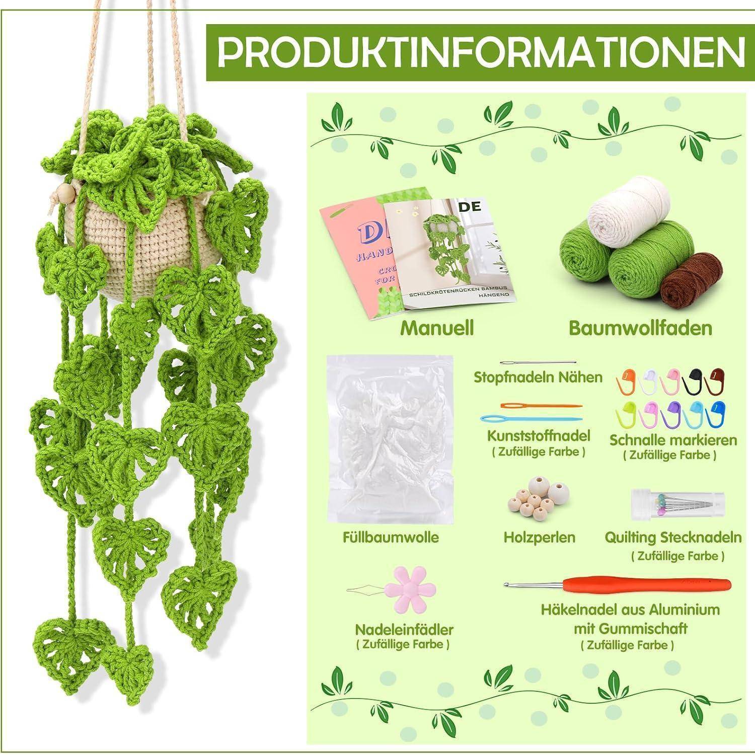 Produktinformationen für ein Häkel-Pflanzenhänger-Set mit fertigem grünem hängenden Pflanzgefäß und enthaltenen Materialien: Anleitung, Baumwollgarn, Füllmaterial, Nadeln, Markierer, Perlen, Nadeleinfädler und Häkelnadel.