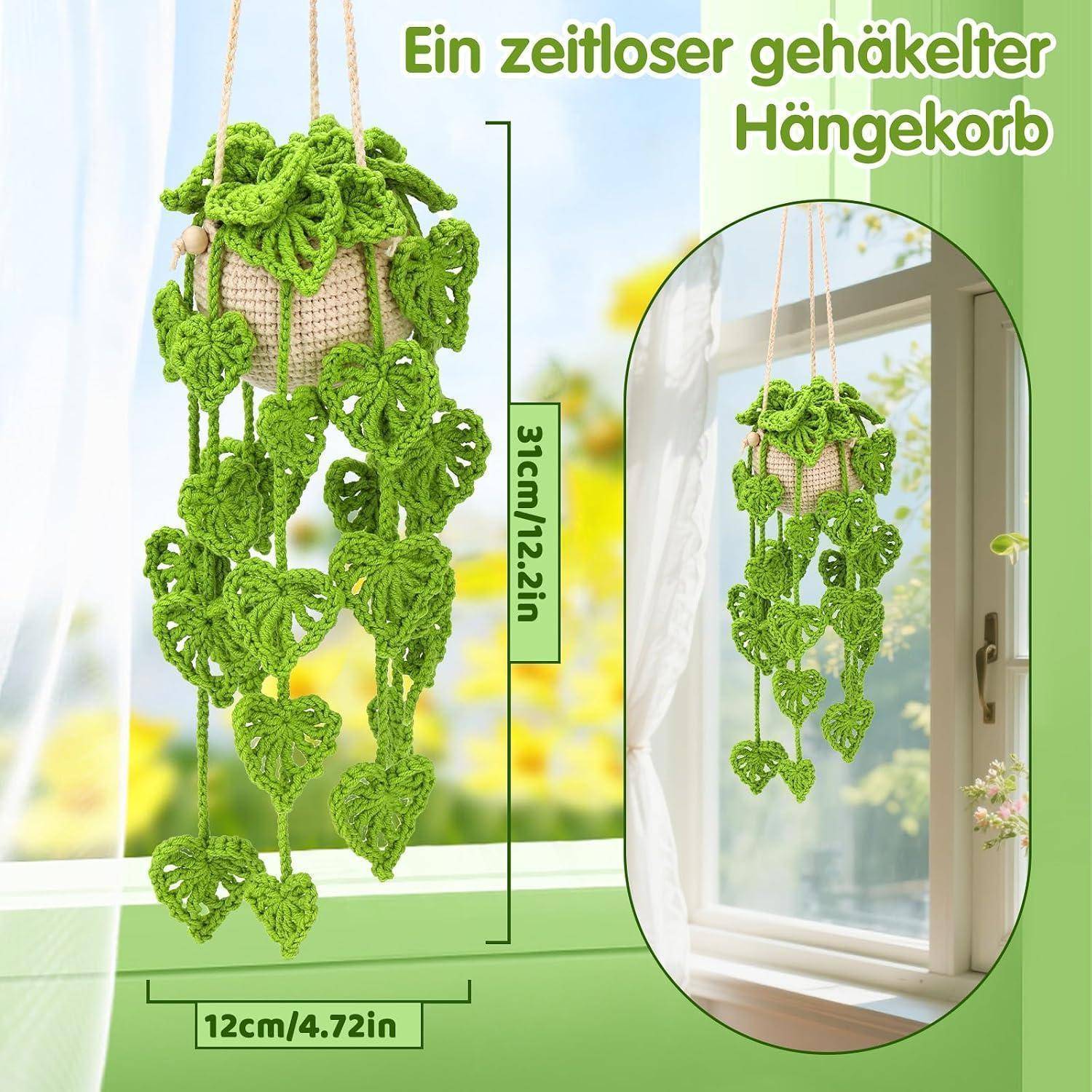 Grüner Makramee-Hängekorb-Blumenkübel mit hängenden herzförmigen Blättern, gezeigt in Innenräumen; gekennzeichnet mit 31 cm Höhe und 12 cm Breite.