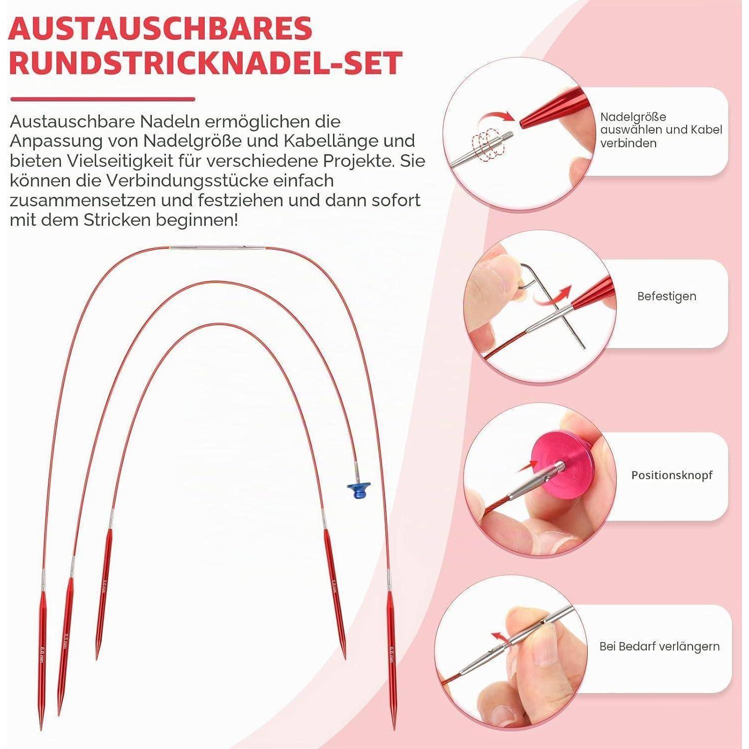Aeelike Rundstricknadel-Set austauschbar 13 Paar 3-10 mm Rot mit Etui