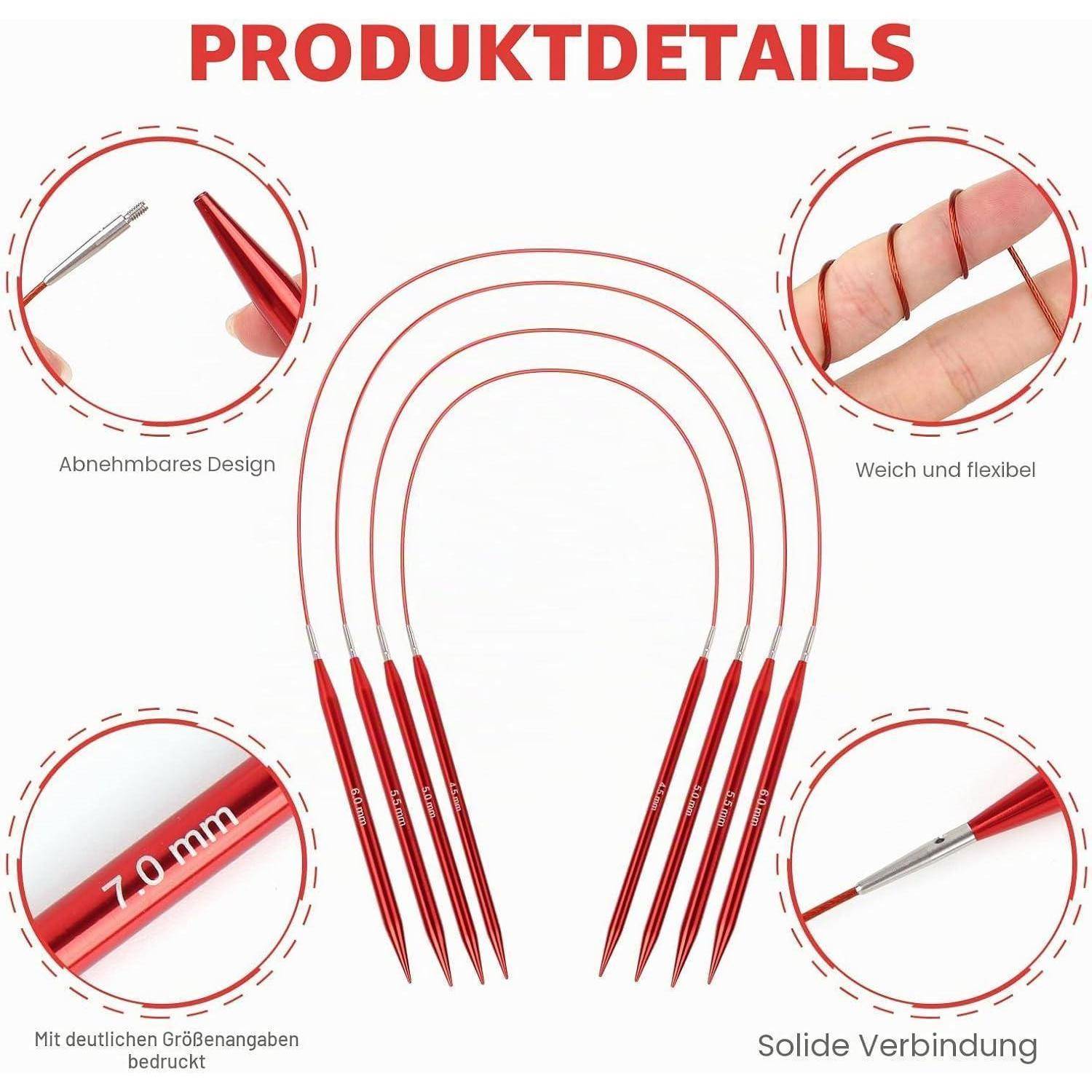 Produktdetails-Grafik mit roten spitzen Stricknadeln mit abnehmbaren flexiblen Kabeln; Beschriftungen kennzeichnen das abnehmbare Design, die weiche Flexibilität, die Größenmarkierung 7,0 mm und die sichere Verbindung.
