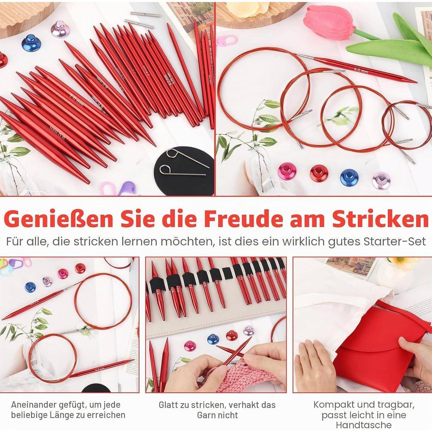 Aeelike Rundstricknadel-Set austauschbar 13 Paar 3-10 mm Rot mit Etui