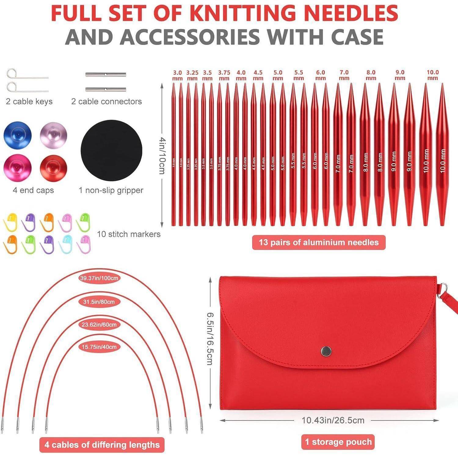 Illustration eines Stricknadel-Sets: 13 Nadelpaar aus Aluminium, 4 Kabellängen, Maschen­marker, Endkappen, Verbinder, Greifer und ein rote Aufbewahrungstasche.