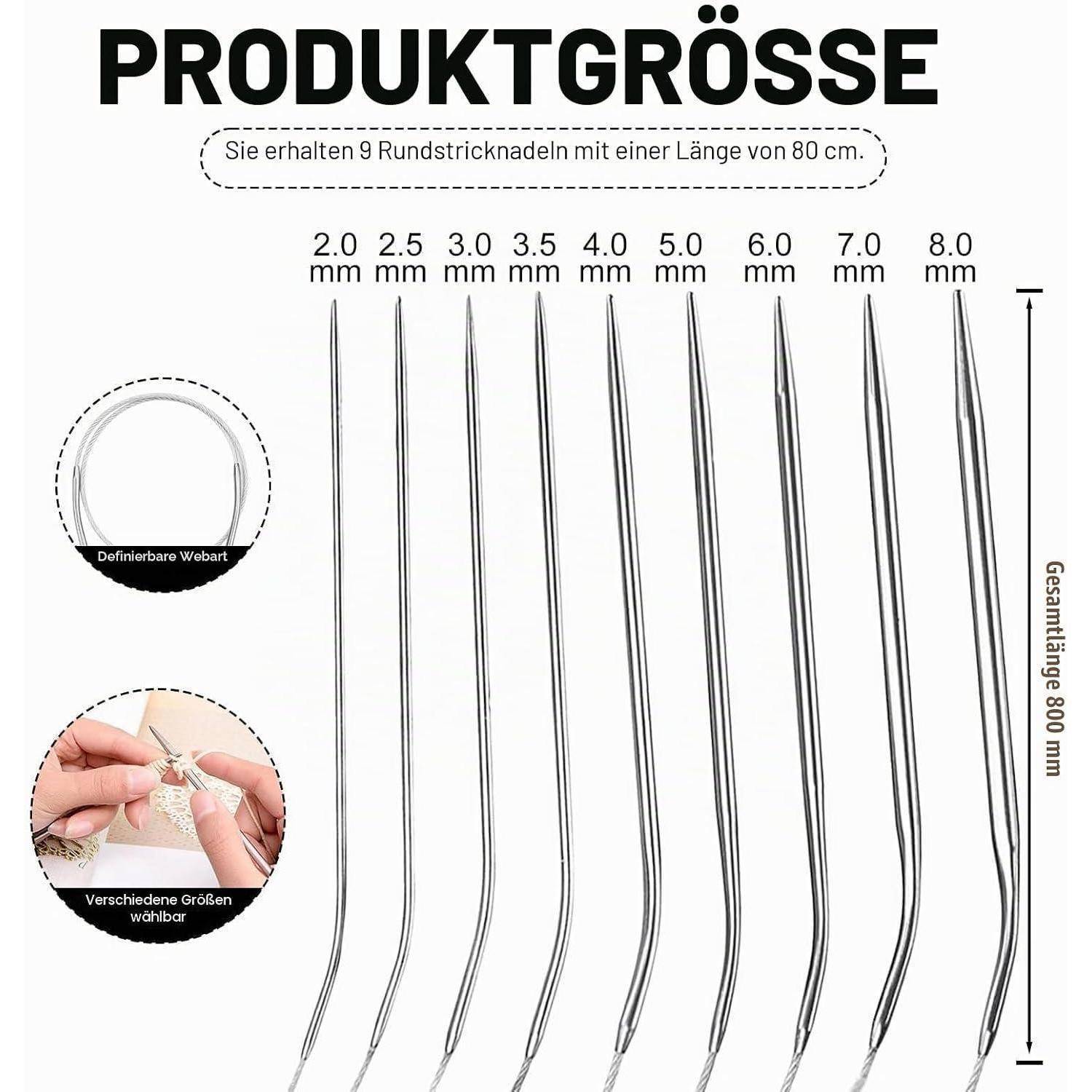 Produktgrößentabelle mit 9 Rundstricknadeln in den Größen 2,0 bis 8,0 mm, jeweils 80 cm lang, mit flexiblem Seil und anpassbarer Auswahl.