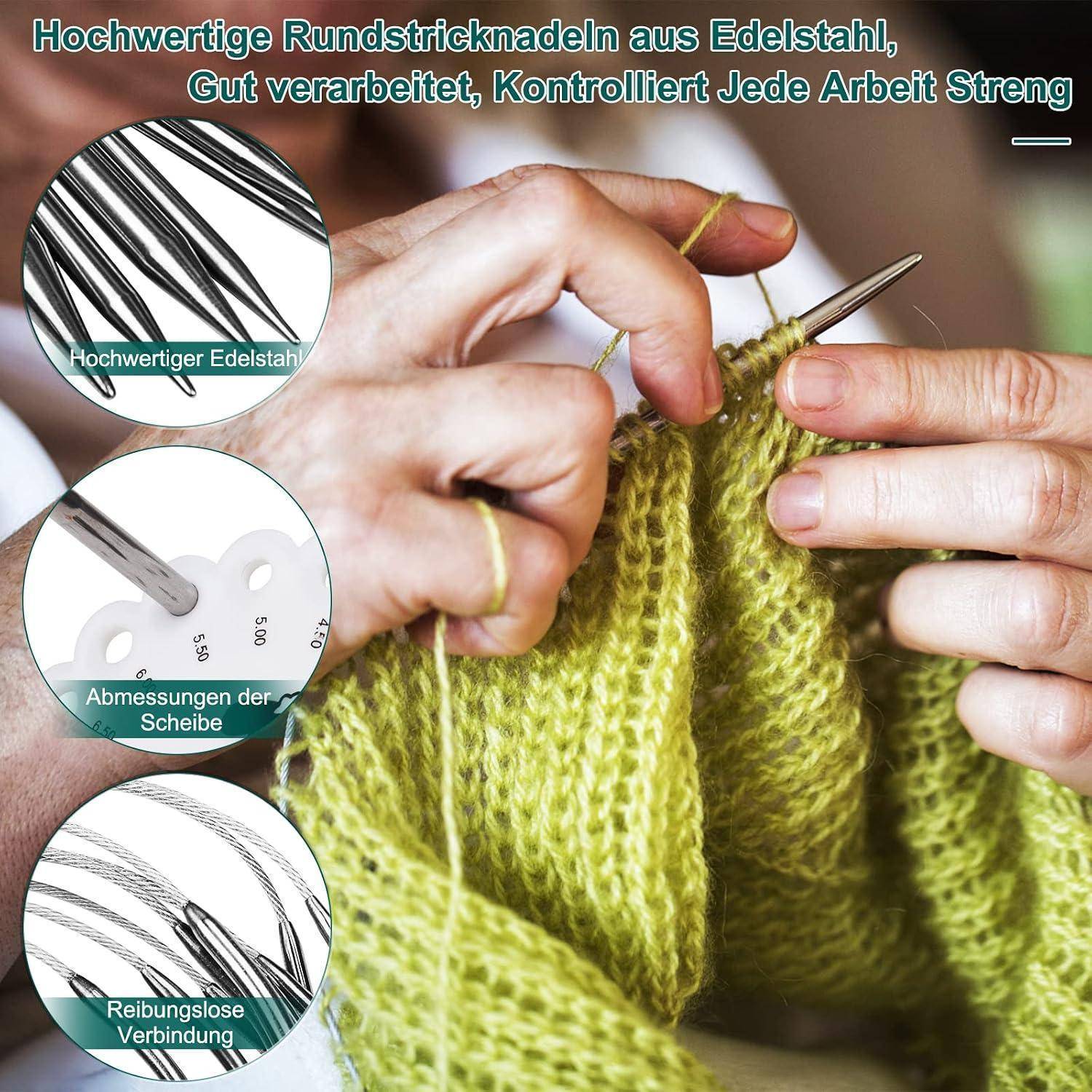 Hände stricken grünes Garn mit metallischen Rundnadeln, gezeigt mit eingeblendeten Nahaufnahmen, die die Edelstahlqualität, Nadelabmessungen und glatte Verbindung hervorheben.