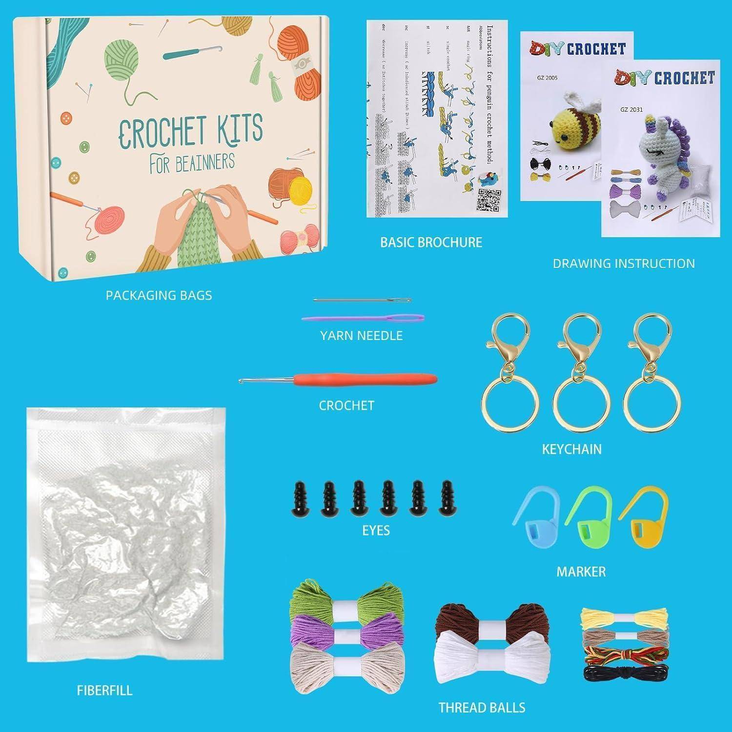 Gehalt des Häkelsets auf der Verpackung: Anfängerverpackung, Broschüre und Zeichenanleitungen, Wollnadel, Häkelnadel, Schlüsselanhänger, Füllwatte, Augen, Marker und Fadenballen.