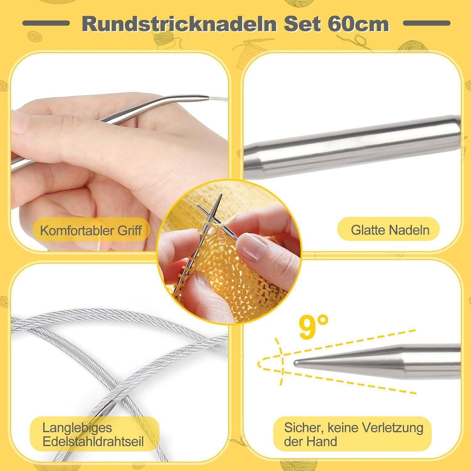 Infografik für 'Rundstricknadeln Set 60cm' mit ergonomischem Griff, glatten Nadeln, strapazierfähigem Edelstahlkabel und 9°-Spitze für sicheres Stricken.