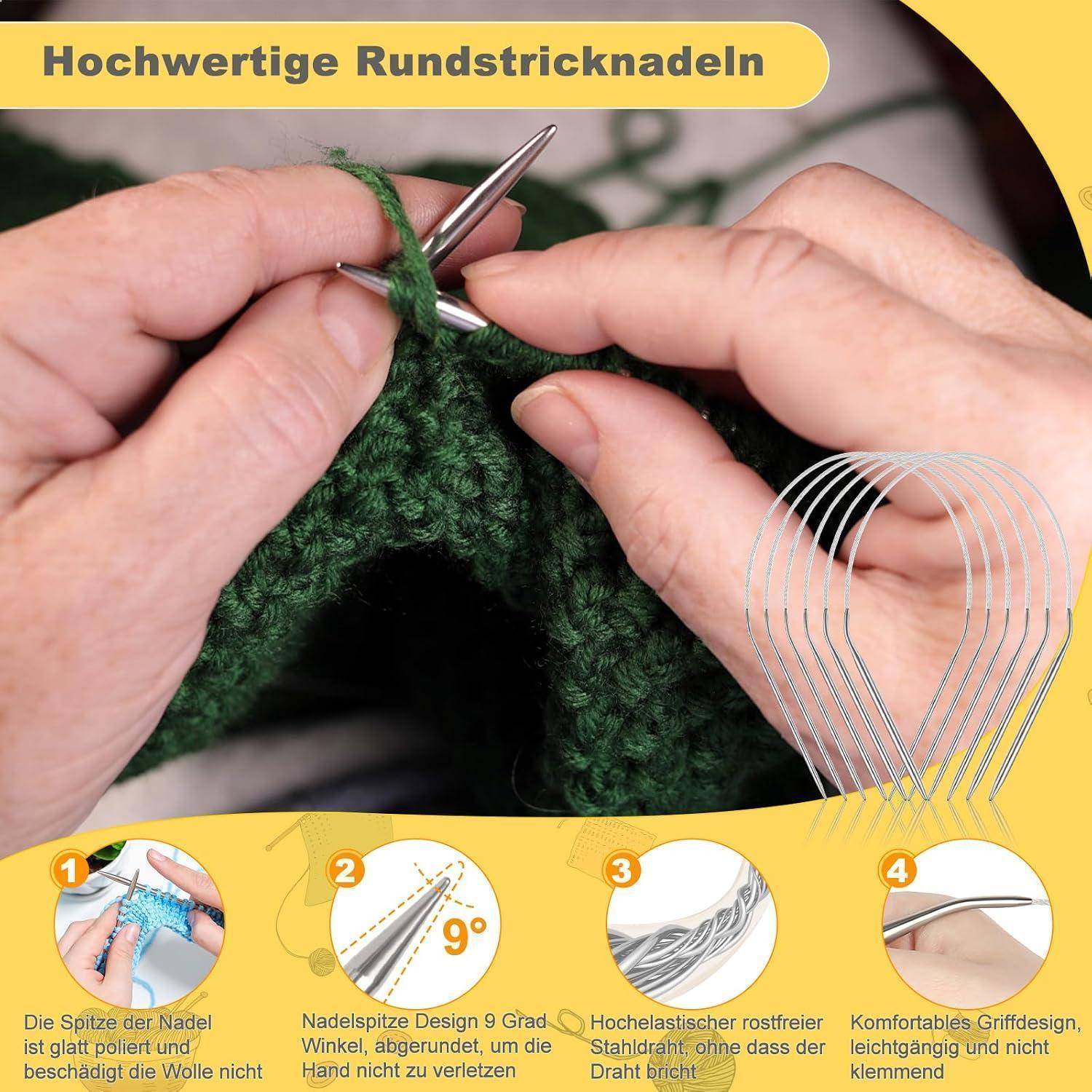 Hände stricken dunkle grüne Stoffe mit Metallnadeln; deutsches Banner "Hochwertige Rundstricknadeln"" und vier Feature-Callouts.