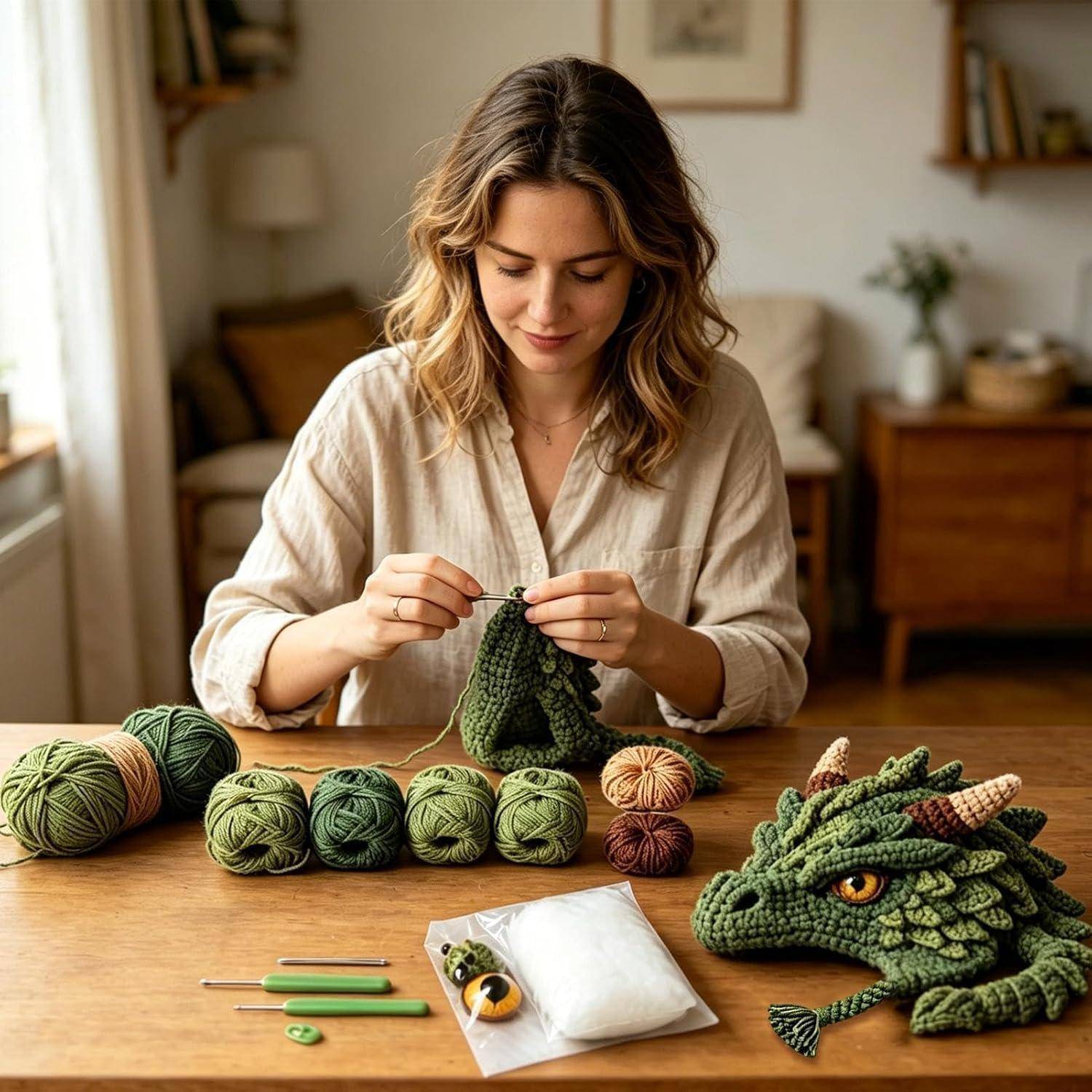 Eine Frau strickt ein grünes, drachenthematisches Plüschtier an einem Holztisch, mit Wollknäueln und Häkelhaken neben ihr angeordnet.
