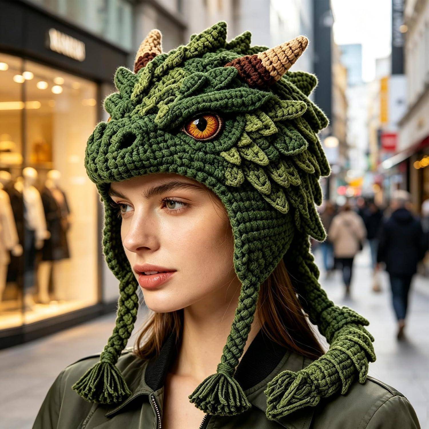 Junge Frau, die einen grünen gestrickten Drachenhut mit Hörnern und einem orangefarbenen Auge trägt, steht auf einer städtischen Einkaufsstraße.