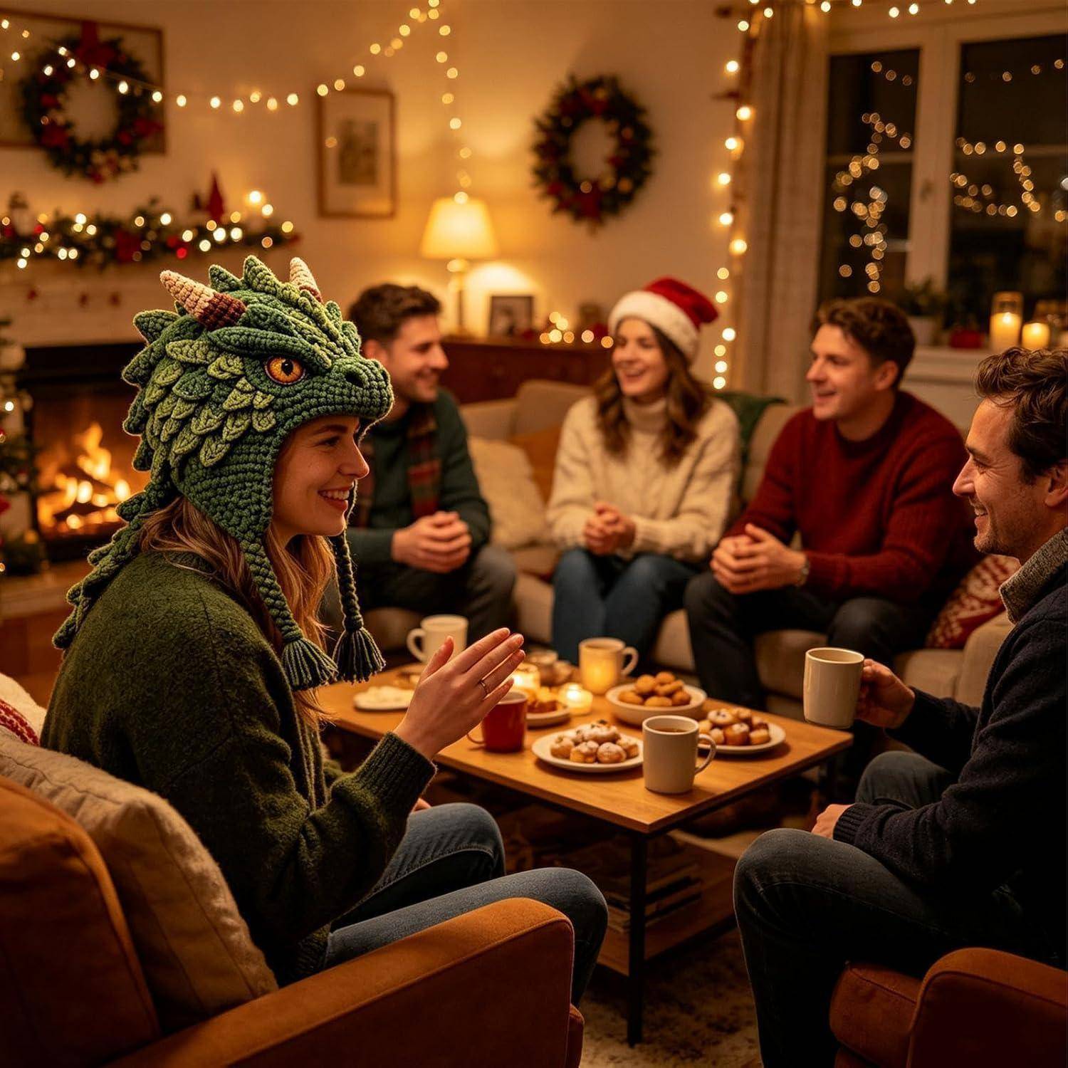Eine gemütliche Feiertagszusammnung mit fünf Freunden, die um einen Couchtisch mit Snacks und Bechern plaudern, wobei eine Person einen Drachenhut trägt.