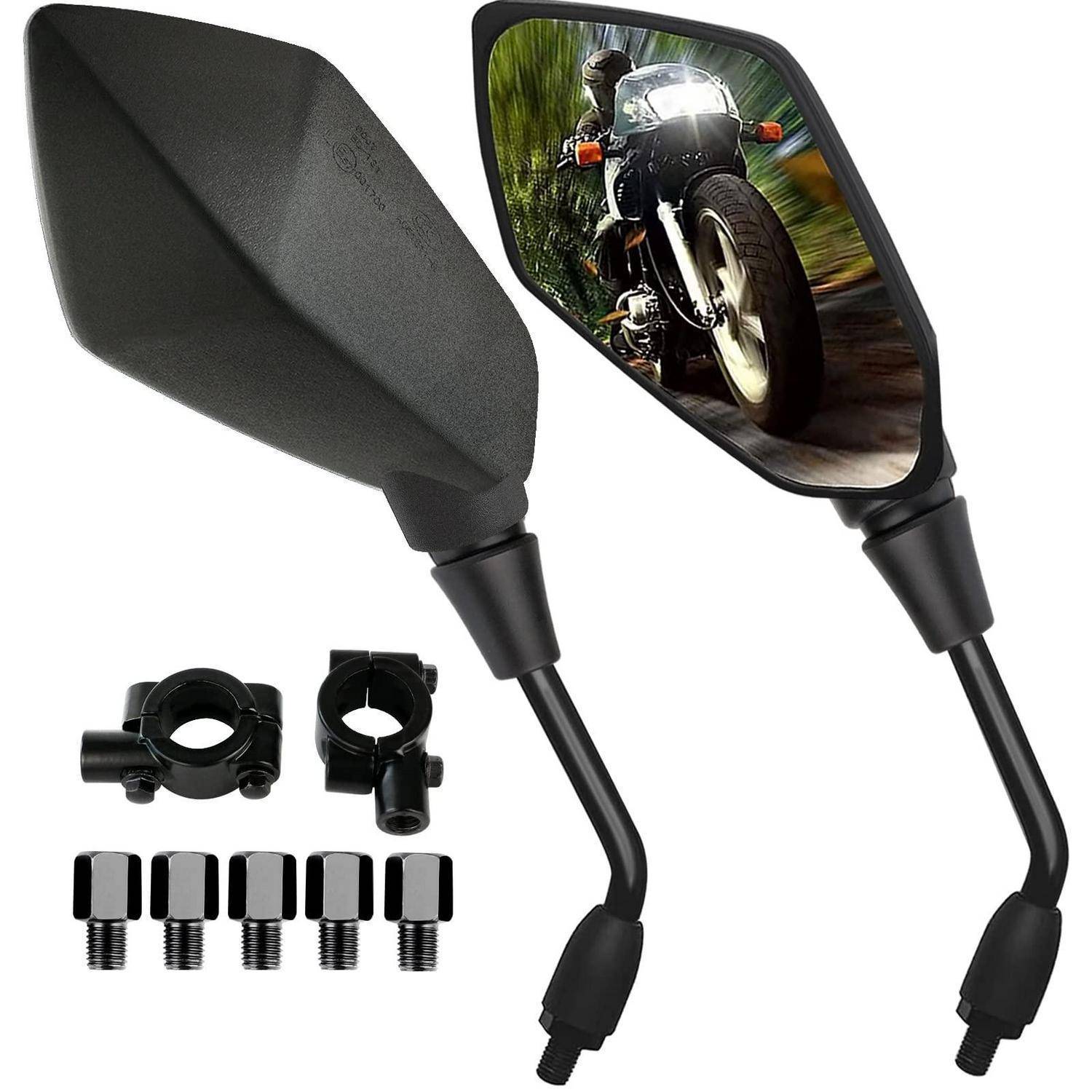 Motorrad-Seitenspiegel mit Montageklemmen und Bolzen, gezeigt von vorne und reflektierender Ansicht auf weißem Hintergrund.
