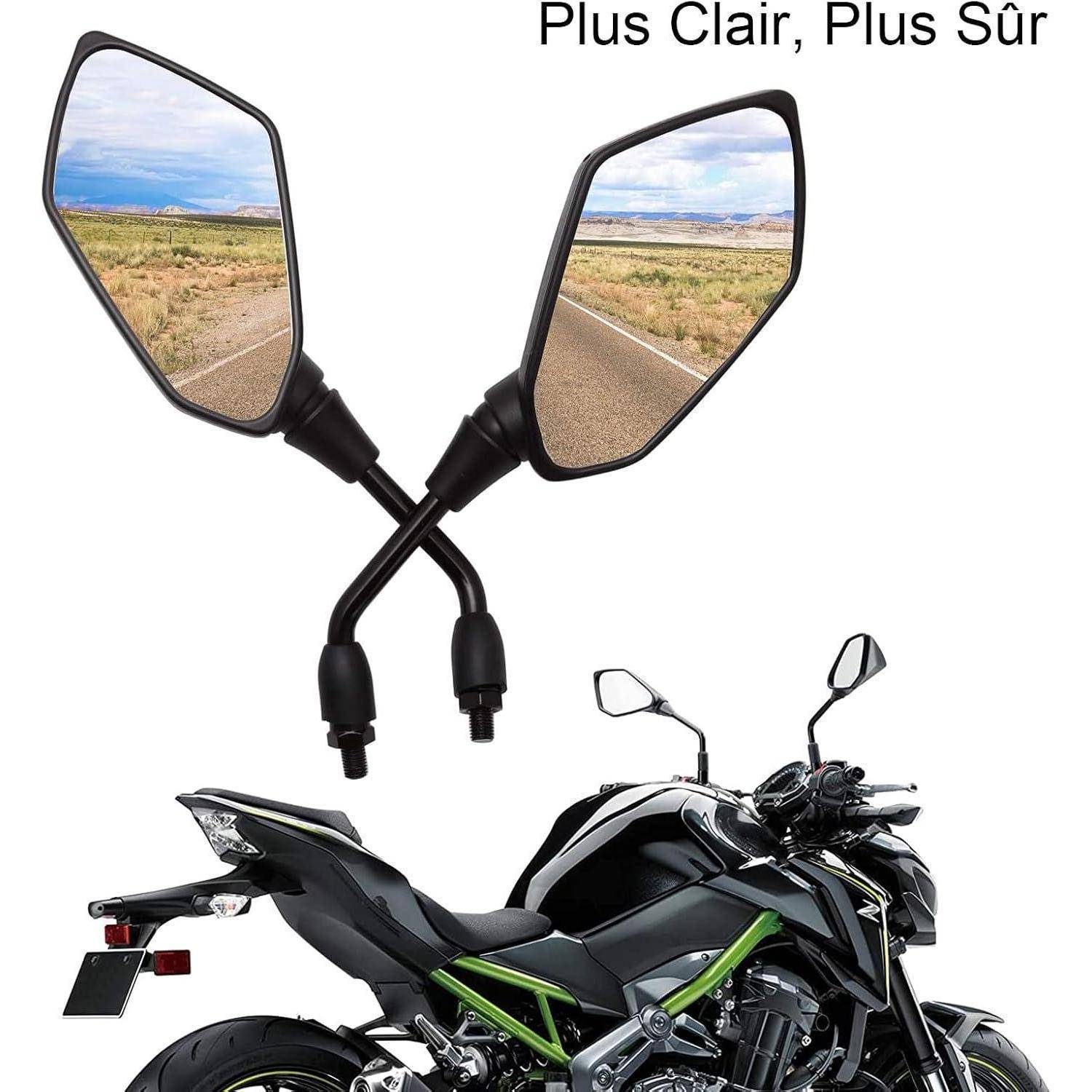 Motorrad-Rückspiegel in Schwarz dargestellt, mit einer Straße, die sich in beiden Spiegeln spiegelt, und einer kleinen Motorrad-Illustration darunter; der Text lautet „Plus Clair, Plus Sûr