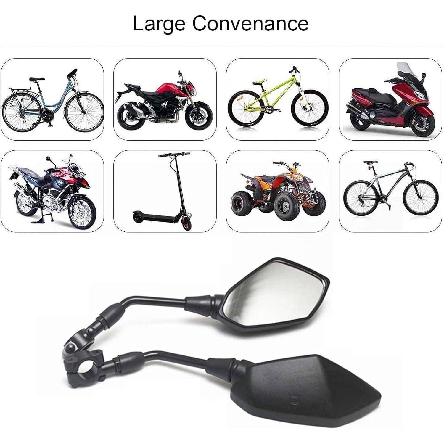 Universeller Weitwinkel-Motorradspigel, dargestellt mit Beispielen für kompatible große Fahrzeuge, einschließlich Motorräder, Fahrräder, Roller und ATV.