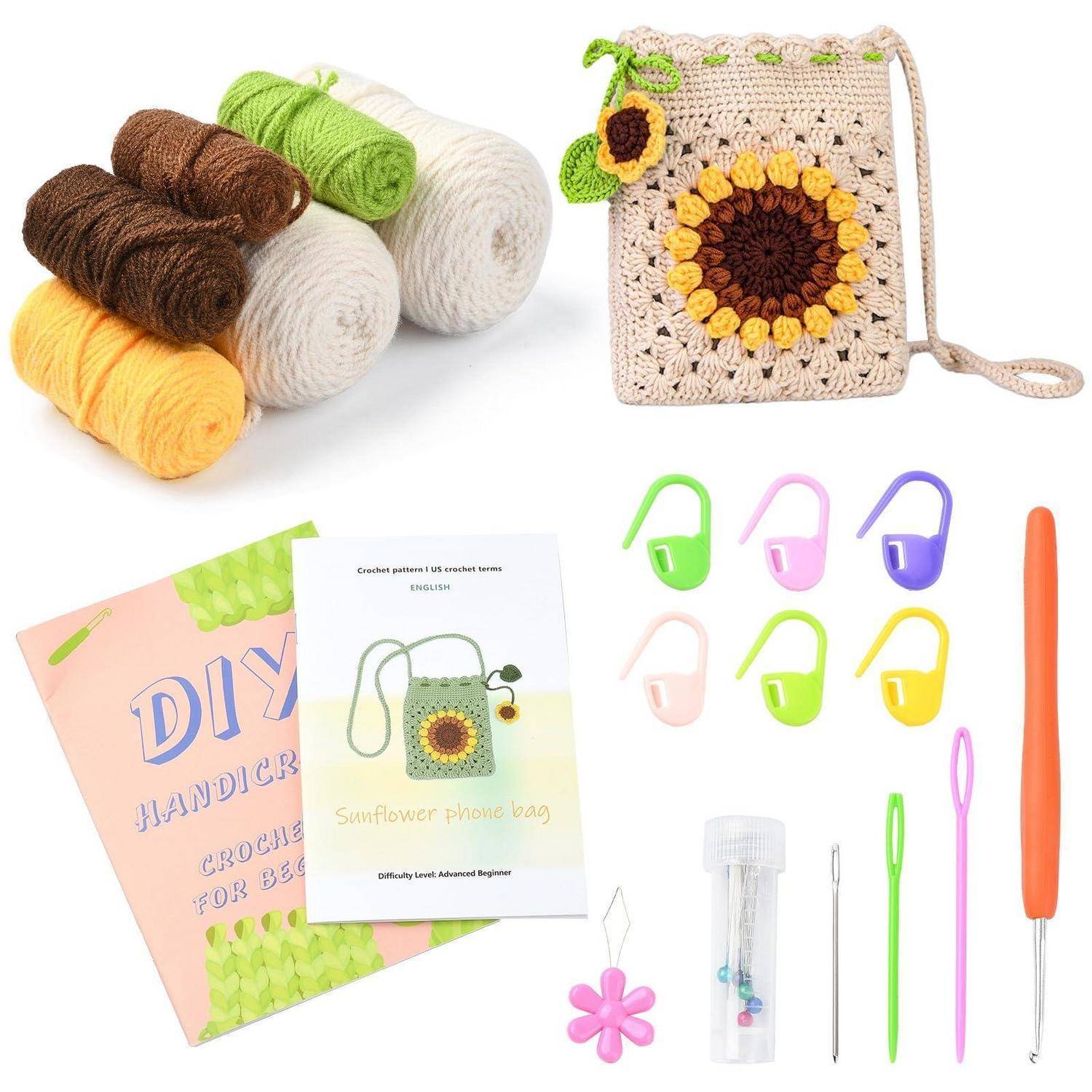 Häkeln-Set mit Garn, Sonnenblumen-Kordelzugbeutel, DIY-Musterbücher, Maschenmarkierer, Nadeln, Häkelhaken und Zubehör für Anfängerprojekte.
