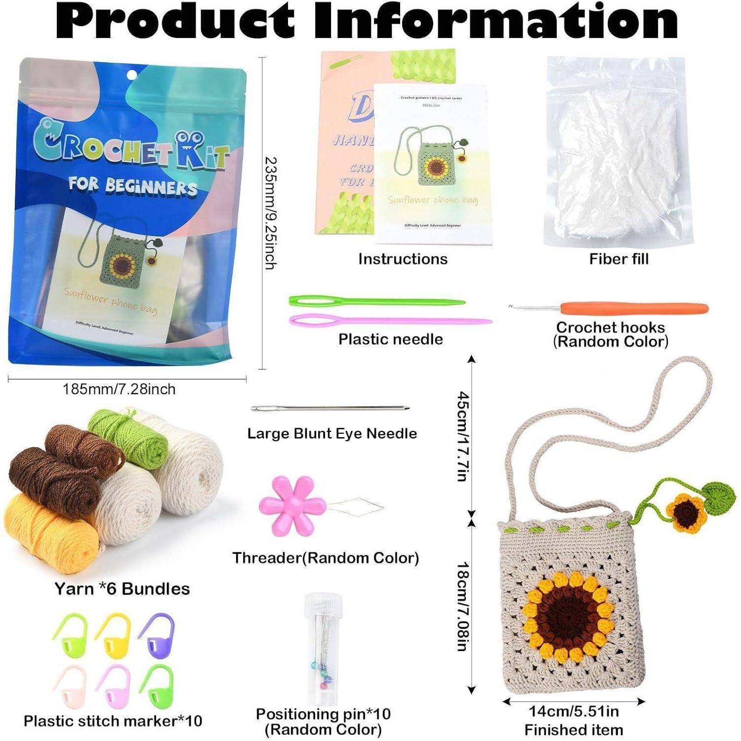 Produktinformationen für ein Anfänger-Häkelset: Tasche, Anleitung, Füllwatte, Häkelnadeln, Nadeln, Garnbündel, Maschenmarkierer, Stecknadeln, Garnnadel und fertige Sonnenblumen-Tasche in der Größe 14 cm x 18 cm.