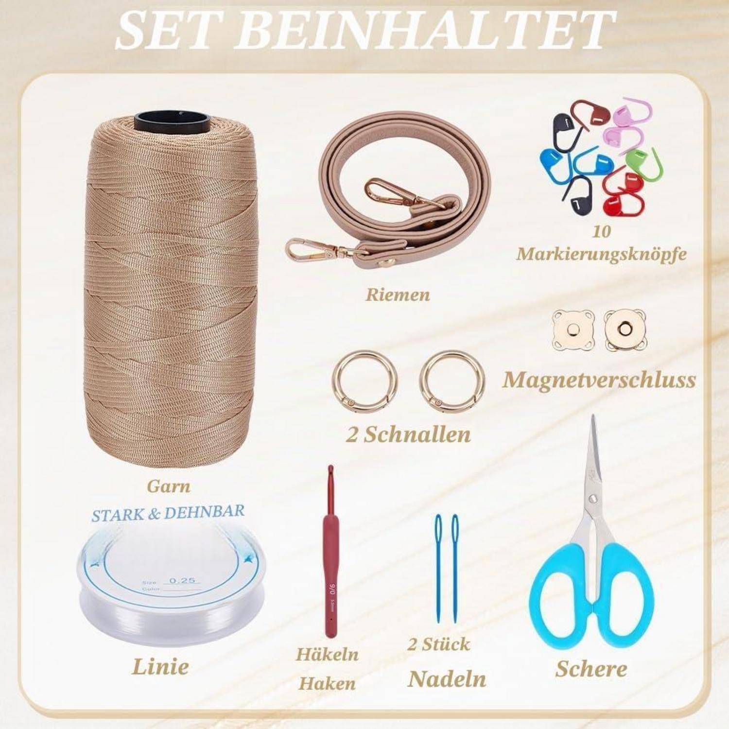 Illustration eines Nähkastens Inhalts: Fadenschiffchen, Riemen, 10 Markerclips, Magnetverschluss, 2 Schnallen, Schnur, Häkelnadel, 2 Nadeln und Schere.