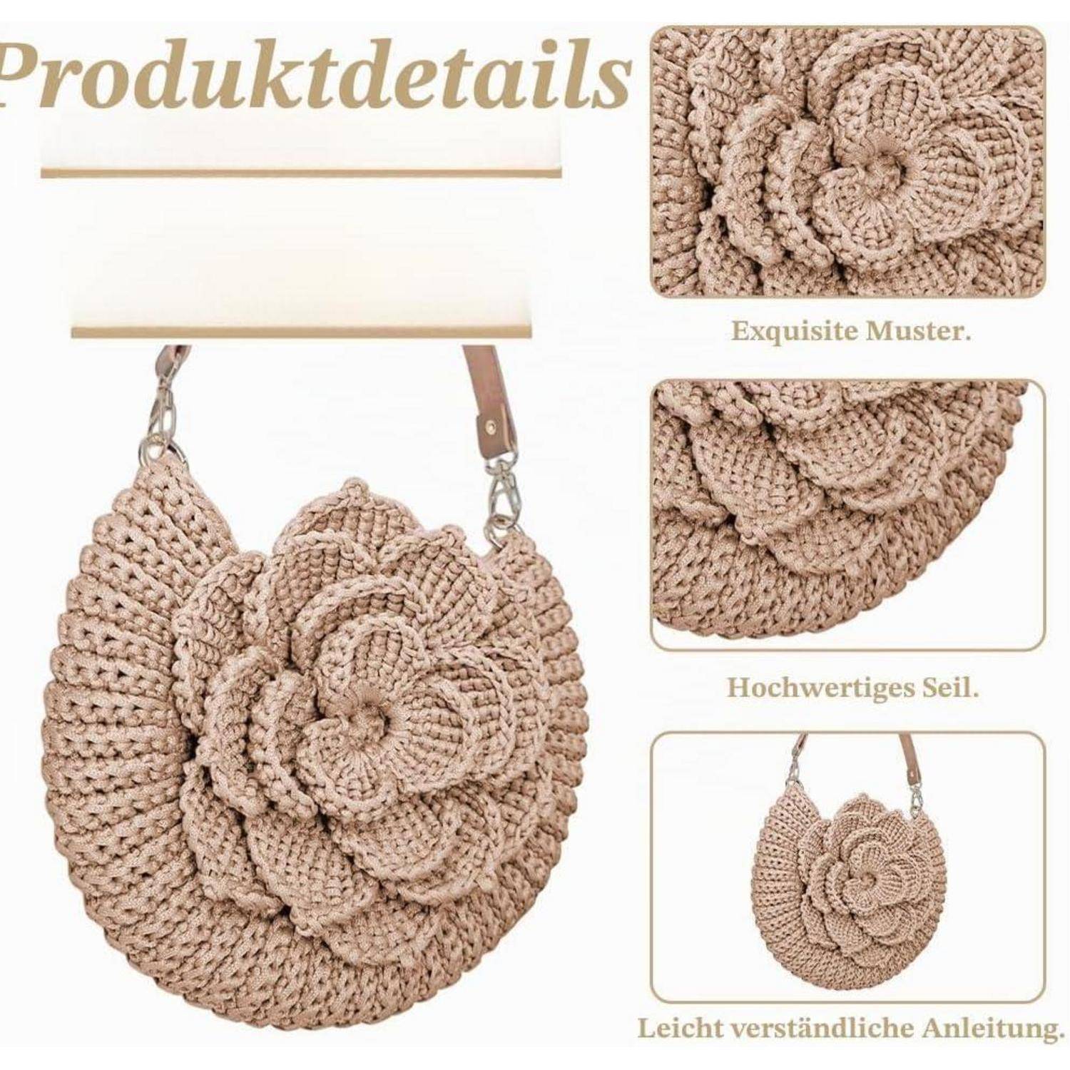 Produktdetails-Collage einer beigen gehäkelten runden Handtasche mit großem Blumenverzierung und Ledergurt; Nahaufnahmen zeigen die Textur, das Seilmaterial und die fertige Tasche.