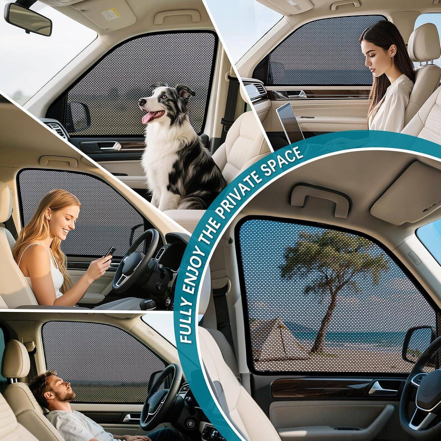 Collage von Autofenster-Sonnenschutzblenden für Privatsphäre und Schatten, gezeigt an Heck- und Seitenfenstern mit Menschen und einem Hund in einem Auto.