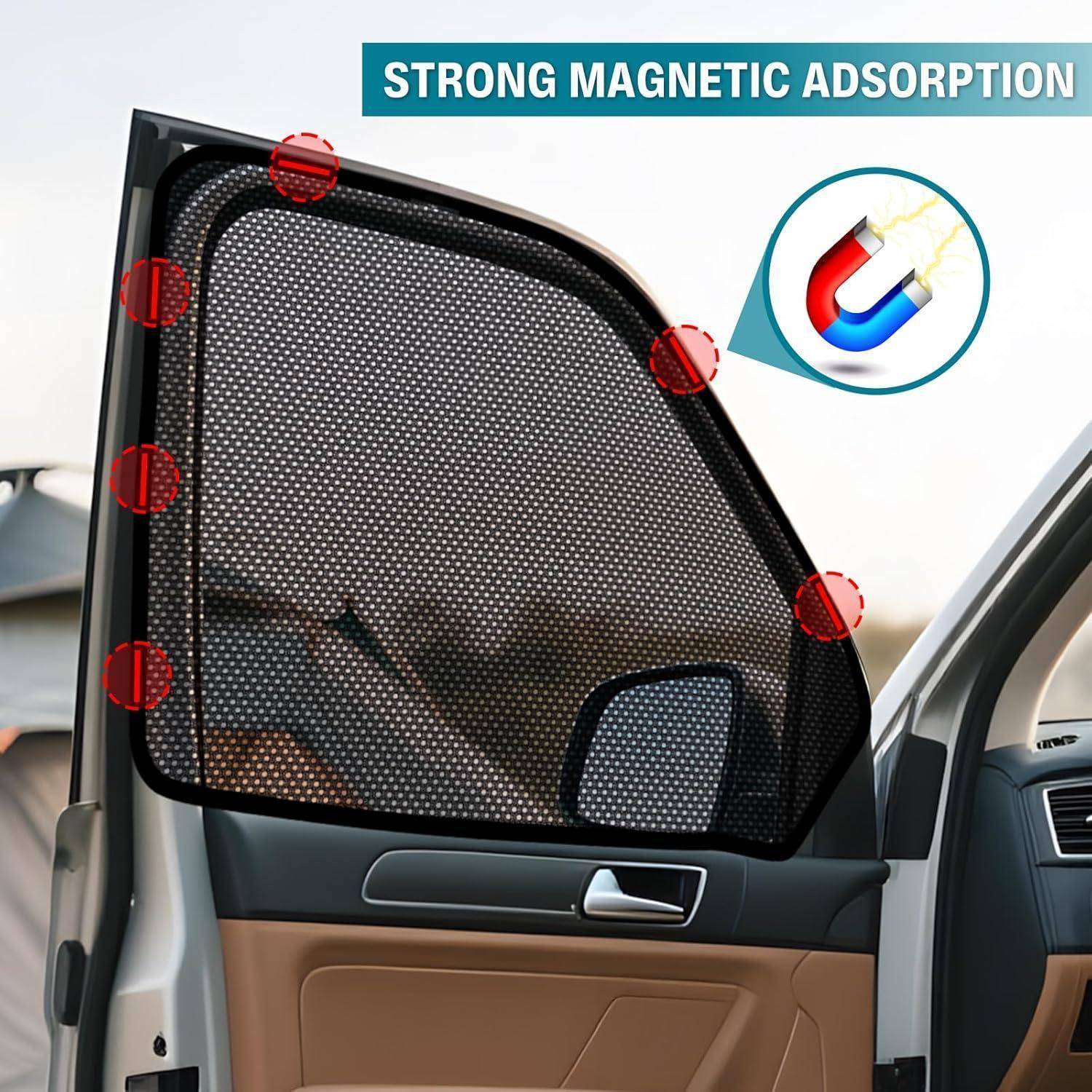 Autodünnschattierung für Türen mit Netzabdeckung und hervorgehobenen magnetischen Befestigungspunkten, gekennzeichnet mit „STARKE MAGNETISCHE ABSORPTION
