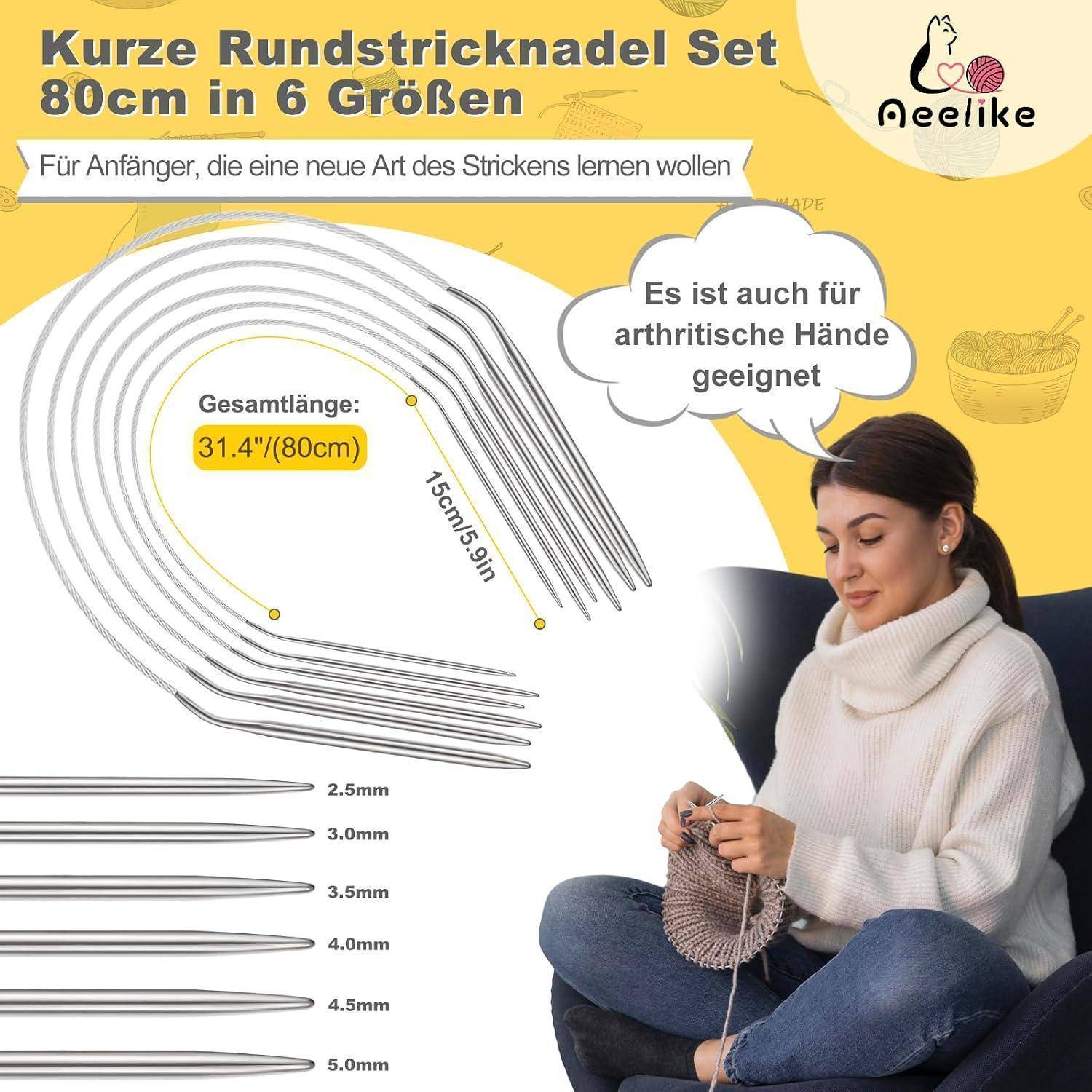 Werbegrafik für ein 6-teiliges Set aus 80 cm Rundstricknadeln mit Nadelgrößen von 2,5 bis 5,0 mm und einer strickenden Frau; der Text besagt, dass es sich für Anfänger und Menschen mit Arthritis eignet.